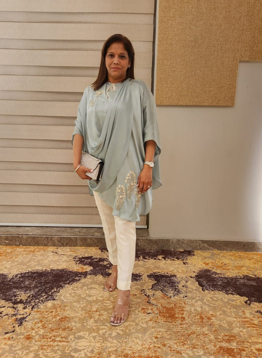 DUSTY BLUE DRAPE TUNIC WITH CIGARETTE PANTS