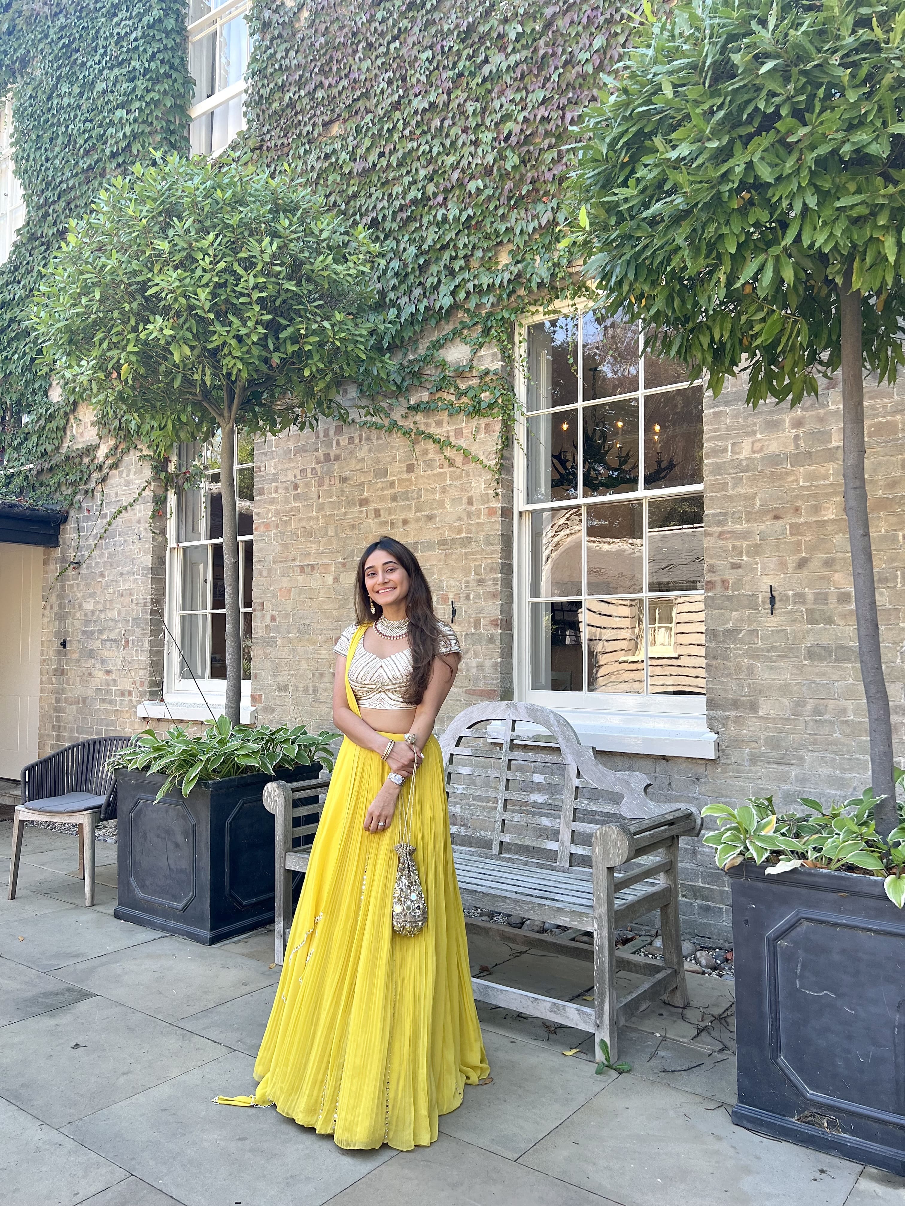 IVORY MOTI EMBROIDERY BLOUSE WITH YELLOW LEHENGA AND DUPATTA