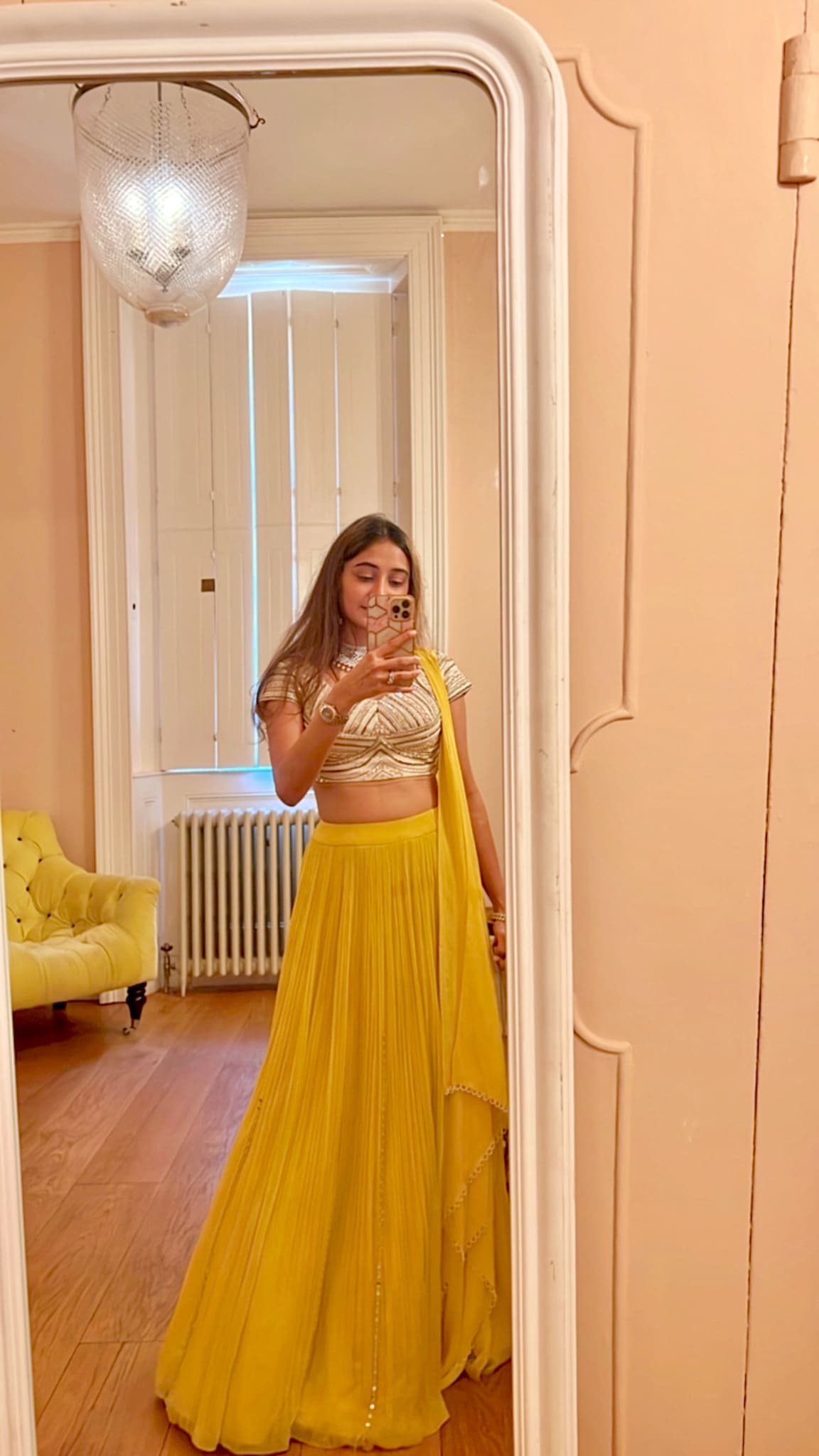 IVORY MOTI EMBROIDERY BLOUSE WITH YELLOW LEHENGA AND DUPATTA