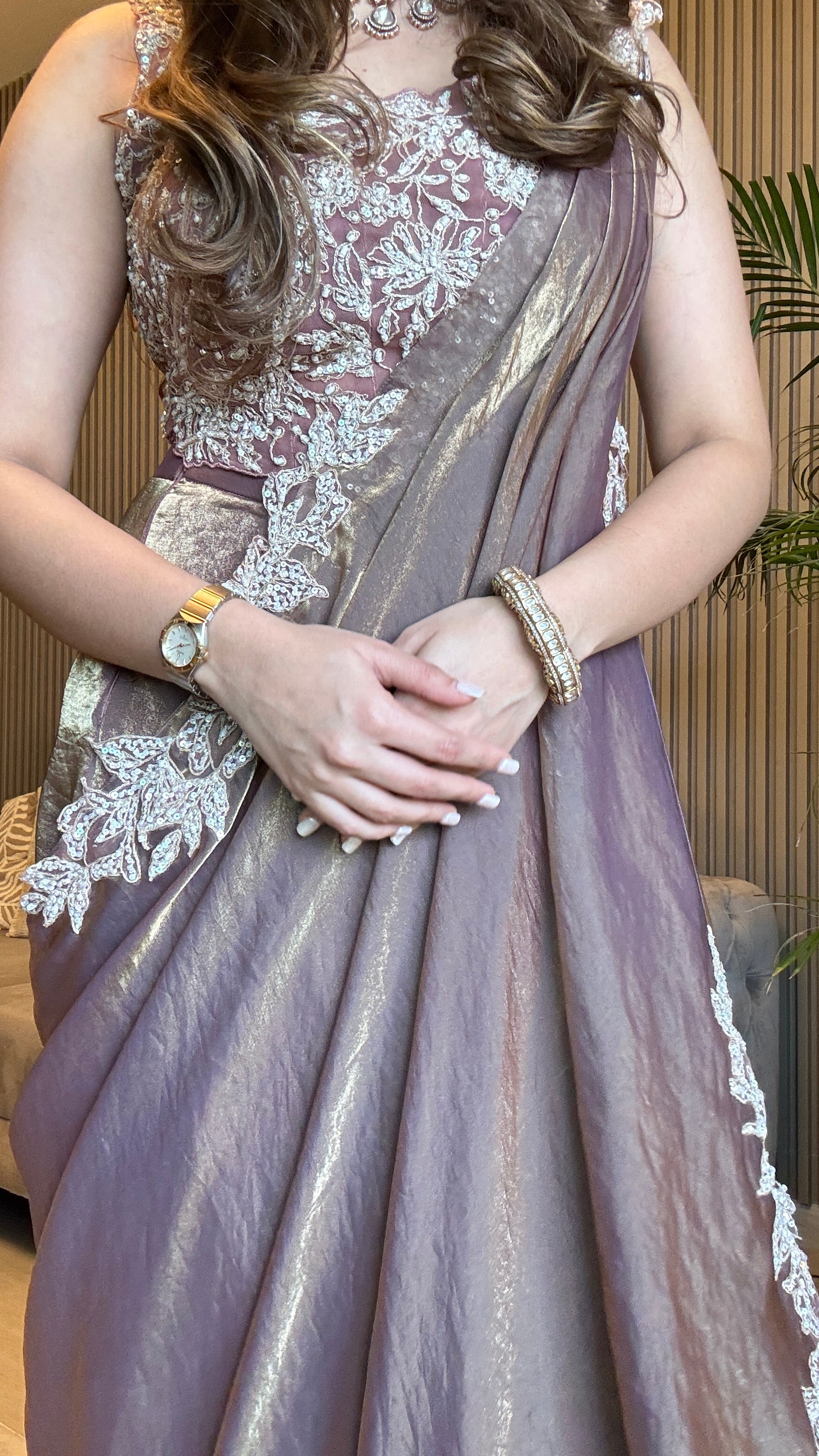 Antique tissue pre-draped lehenga