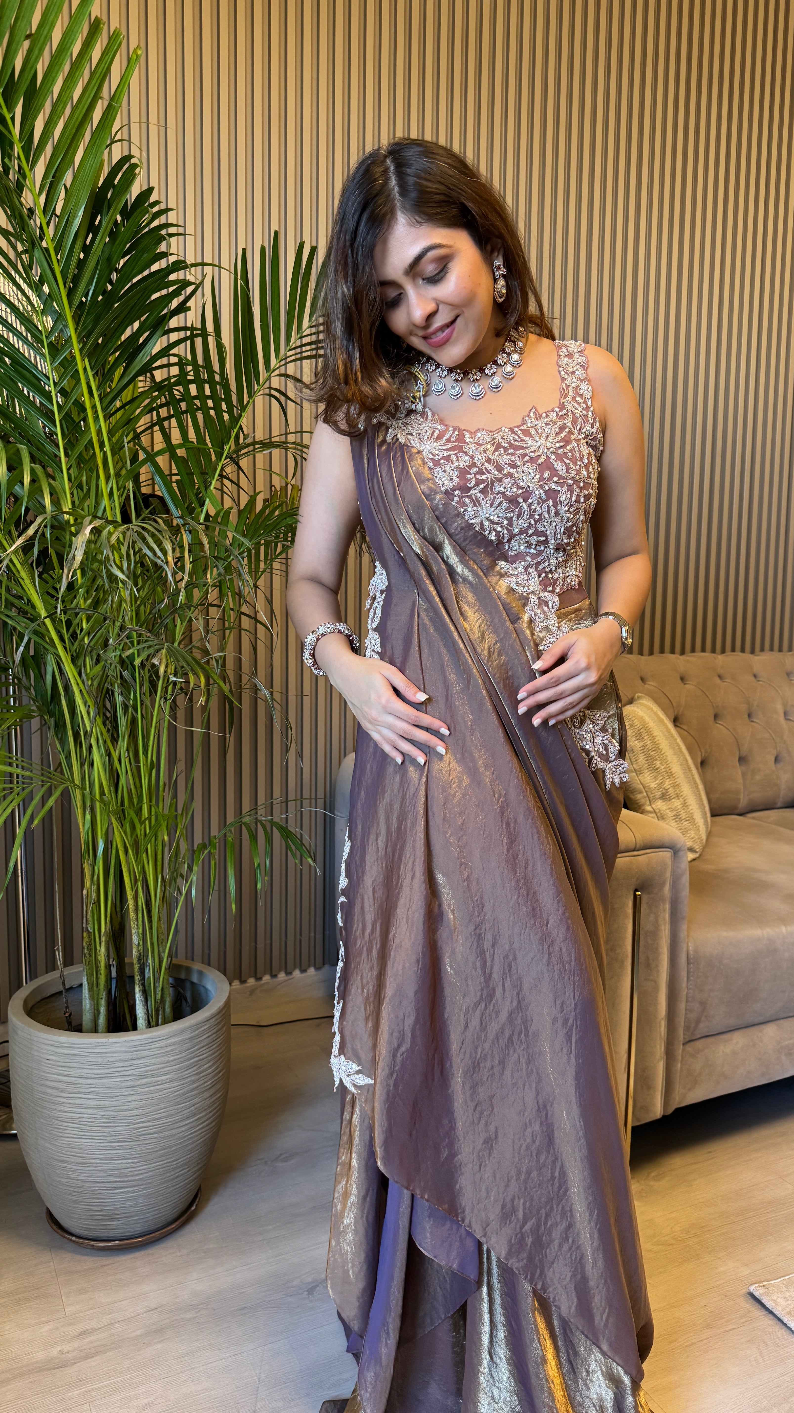 Antique tissue pre-draped lehenga