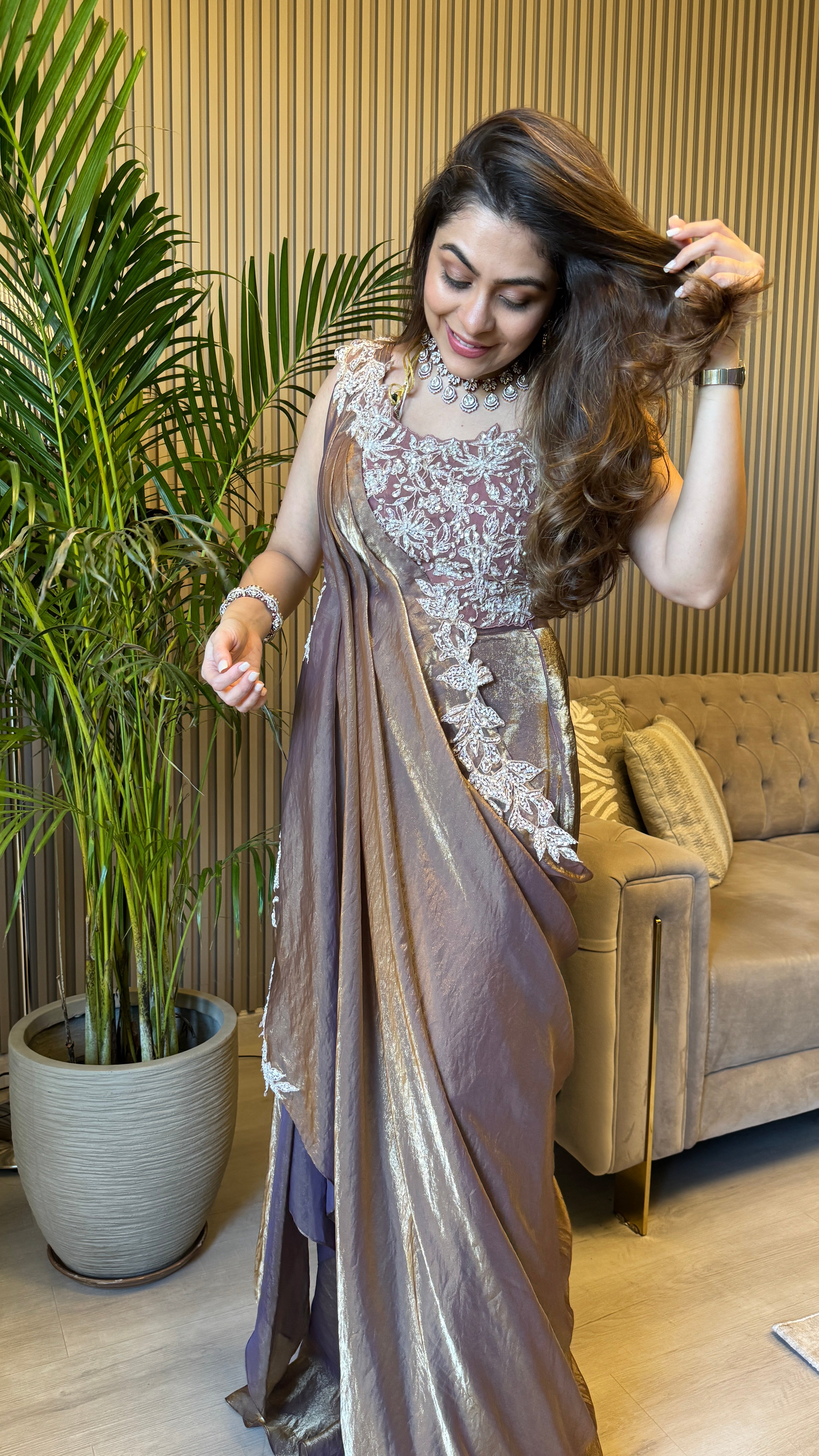 Antique tissue pre-draped lehenga