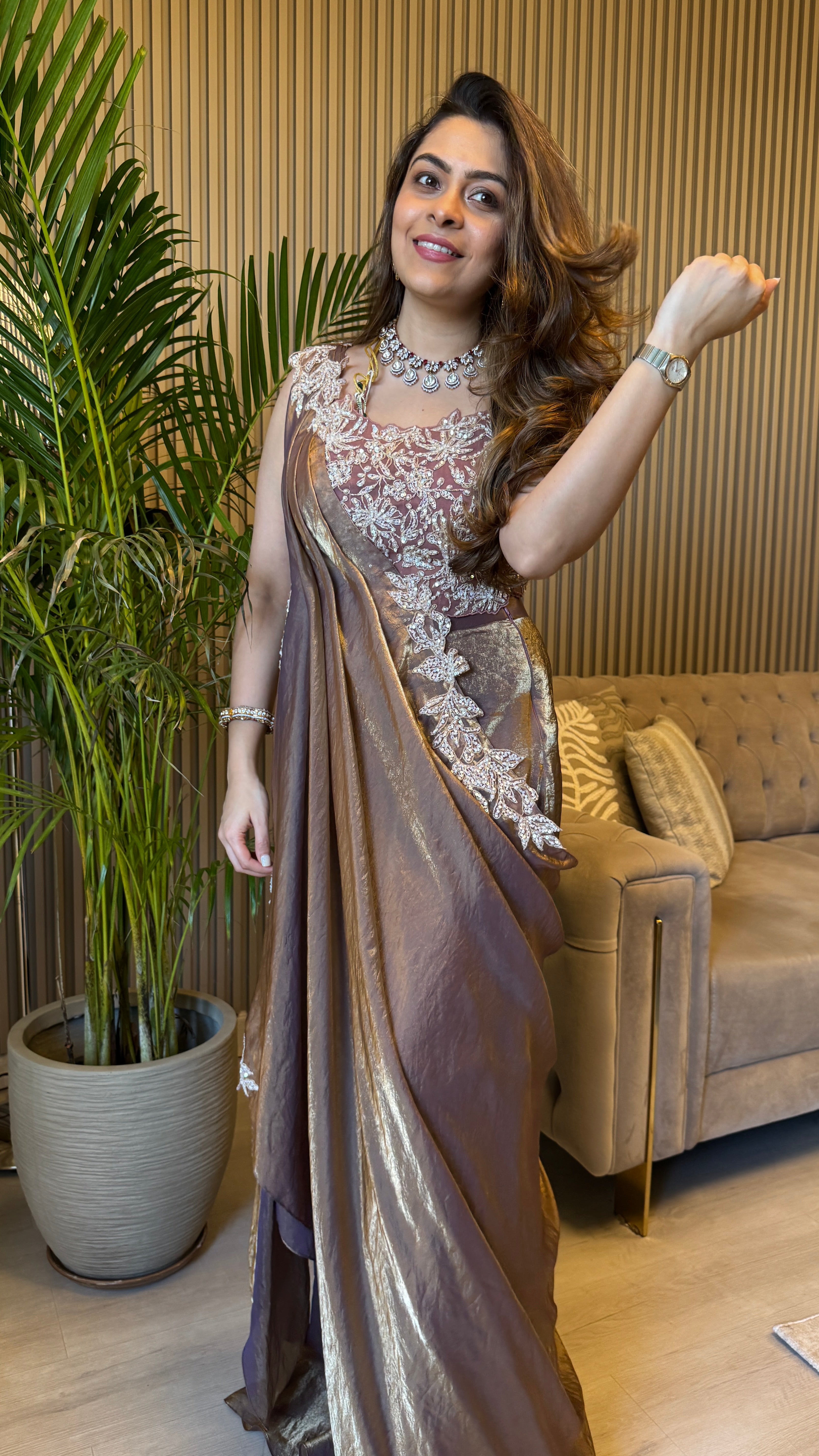 Antique tissue pre-draped lehenga