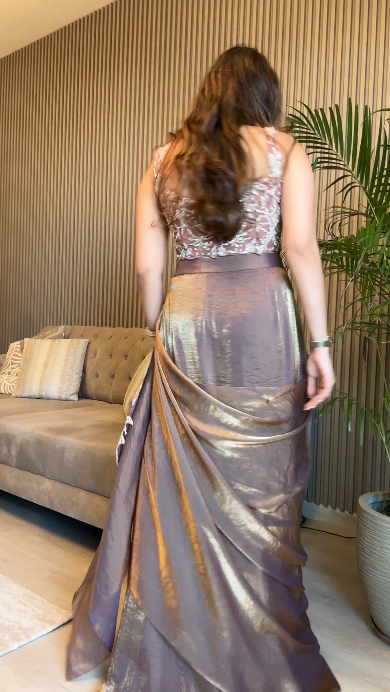 Antique tissue pre-draped lehenga