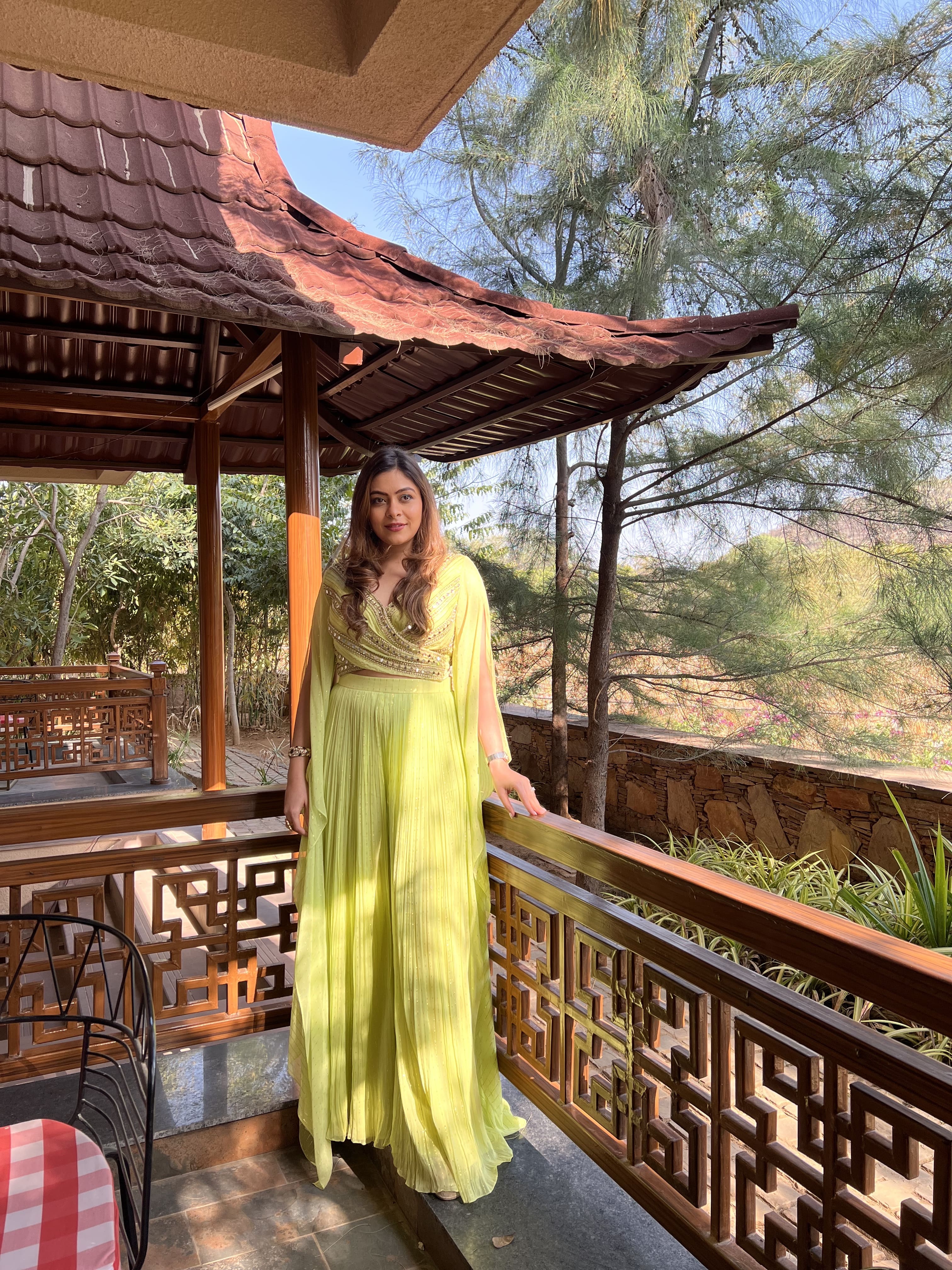 LIME GREEN WRAP BLOUSE WITH RUCHED PALLAZO