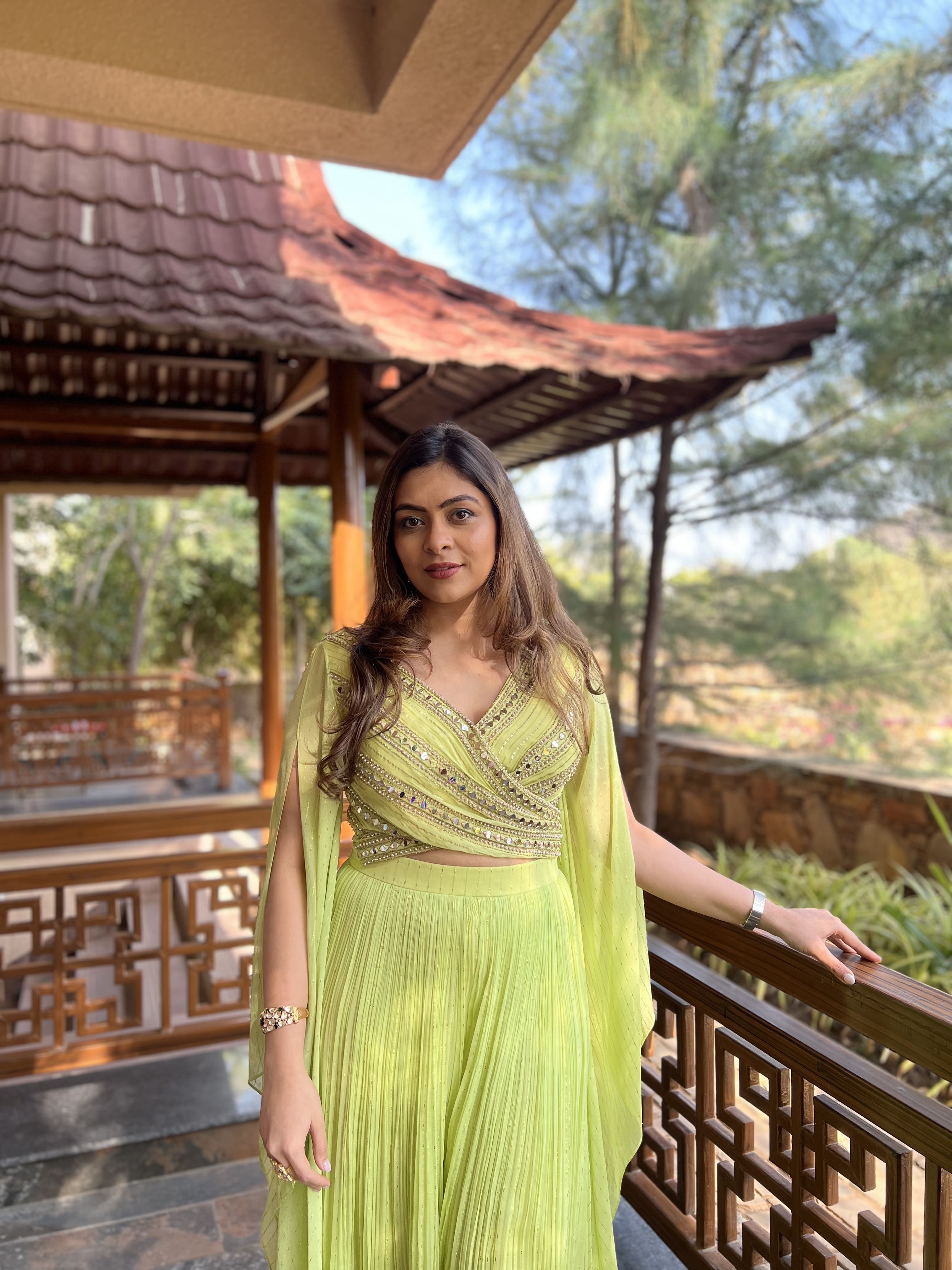LIME GREEN WRAP BLOUSE WITH RUCHED PALLAZO