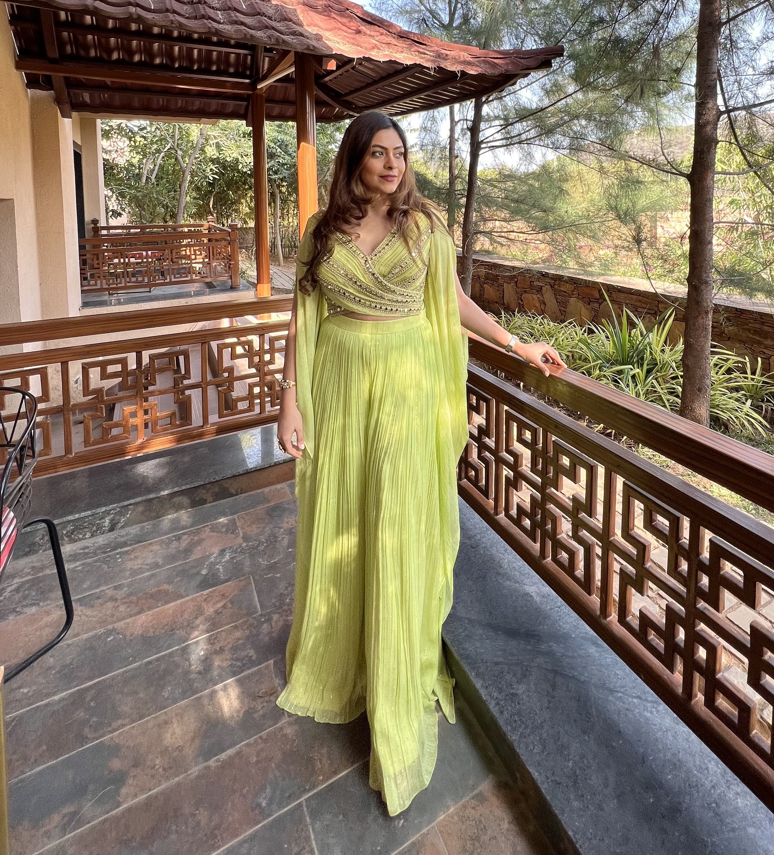 LIME GREEN WRAP BLOUSE WITH RUCHED PALLAZO