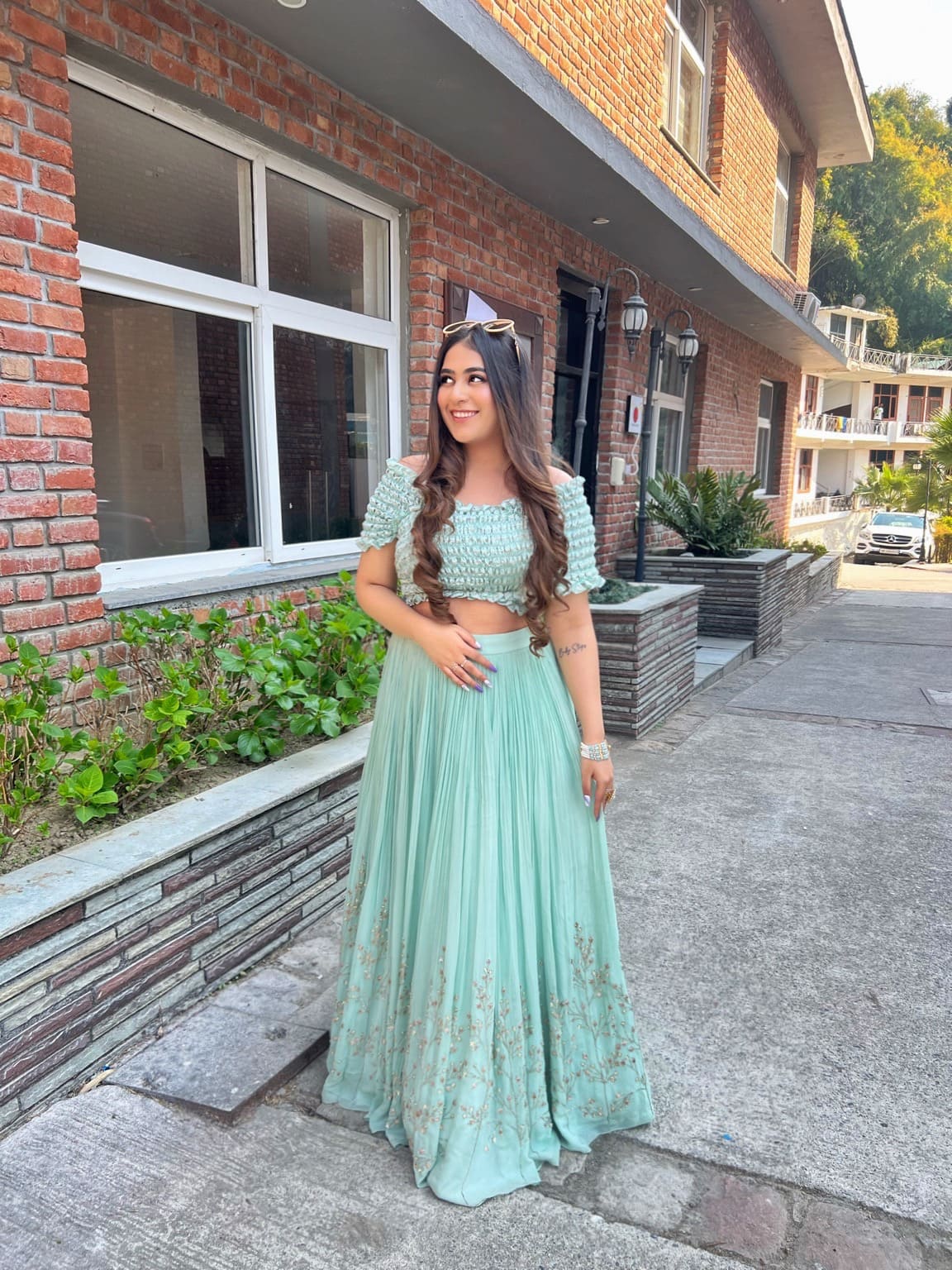 AQUA SMOCKING WRAP BLOUSE RUCHED LEHENGA