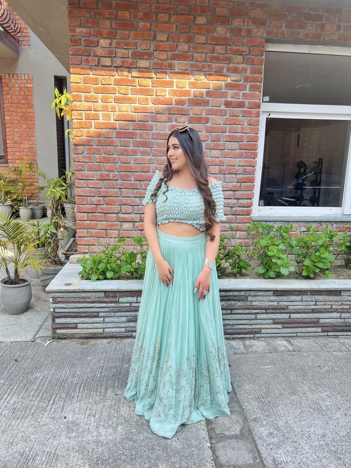 AQUA SMOCKING WRAP BLOUSE RUCHED LEHENGA