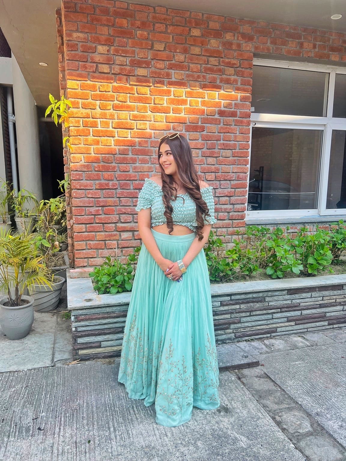 AQUA SMOCKING WRAP BLOUSE RUCHED LEHENGA