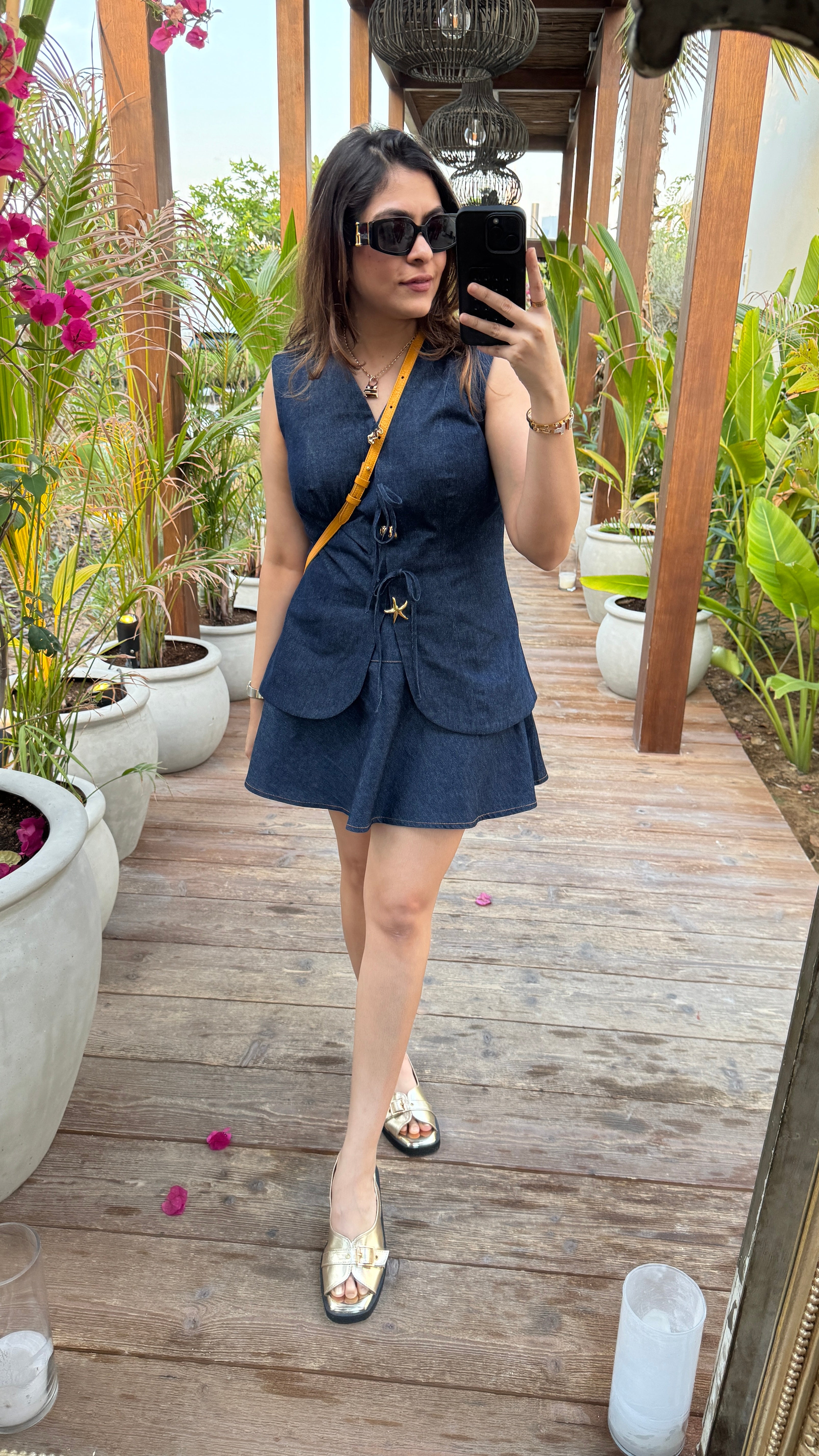 Dark Blue Denim Vest with Skirt Set