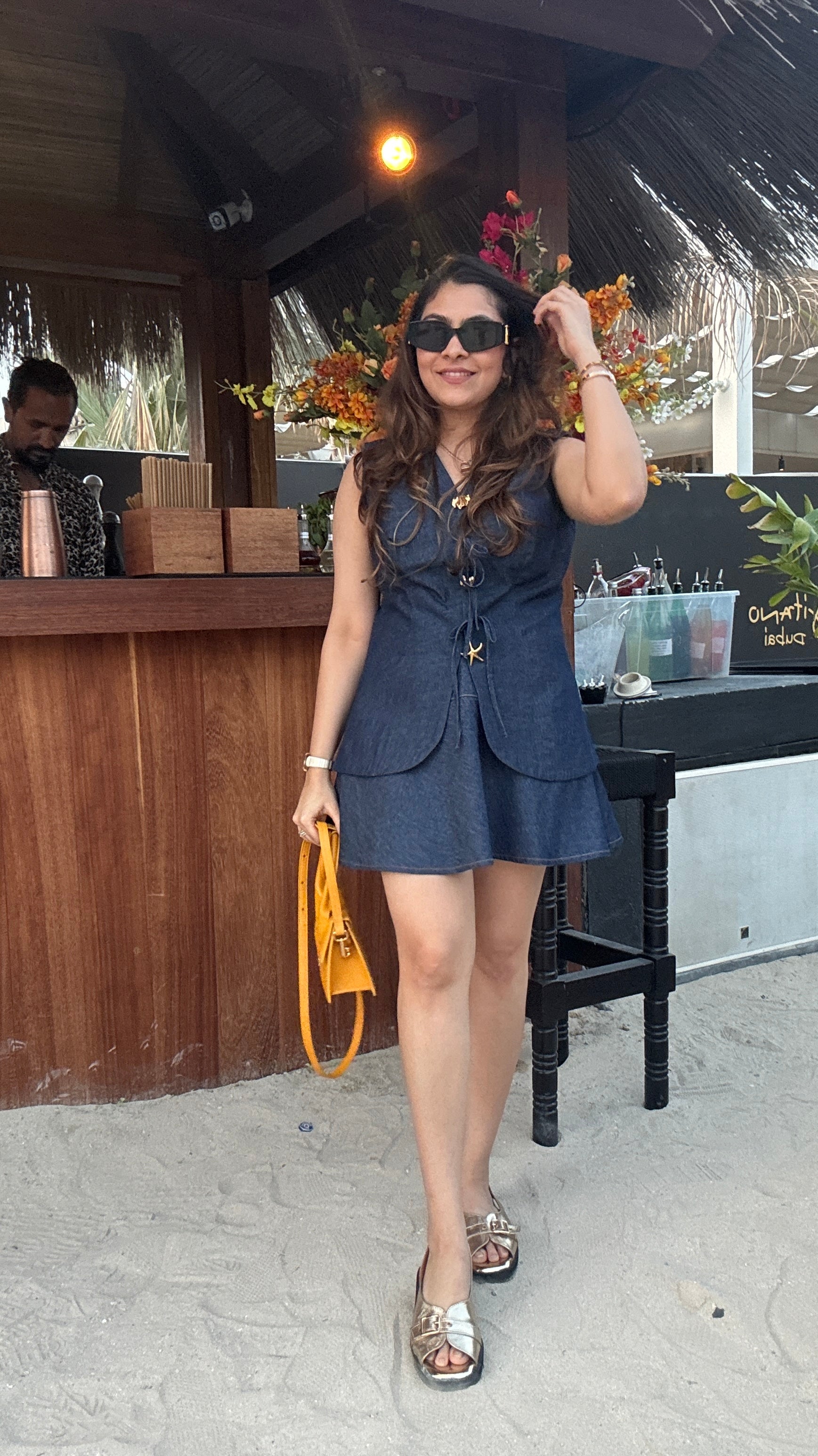 Dark Blue Denim Vest with Skirt Set