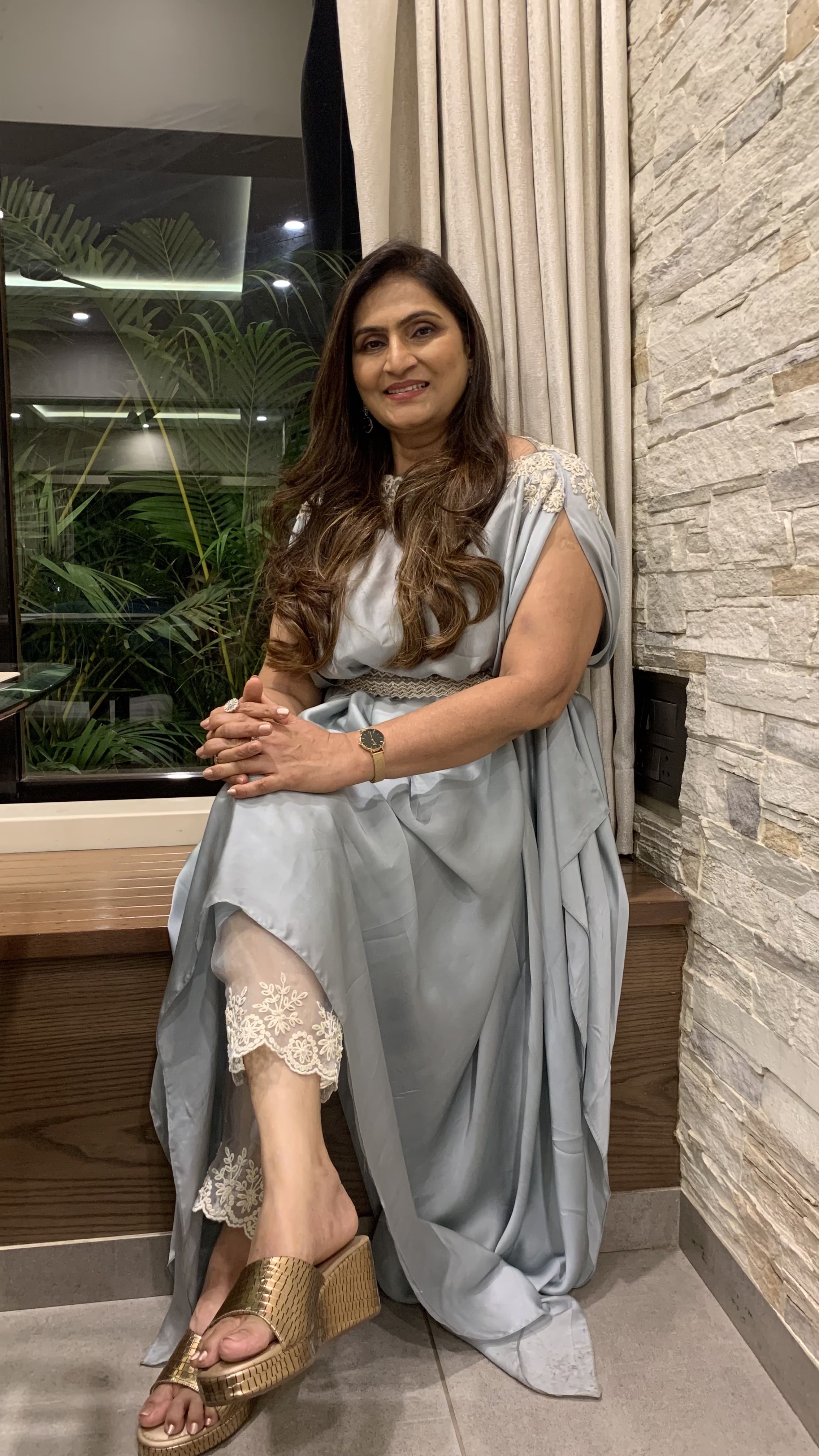 DUSTY BLUE ASSYMETRICAL TUNIC AND CIGARETTE PANTS
