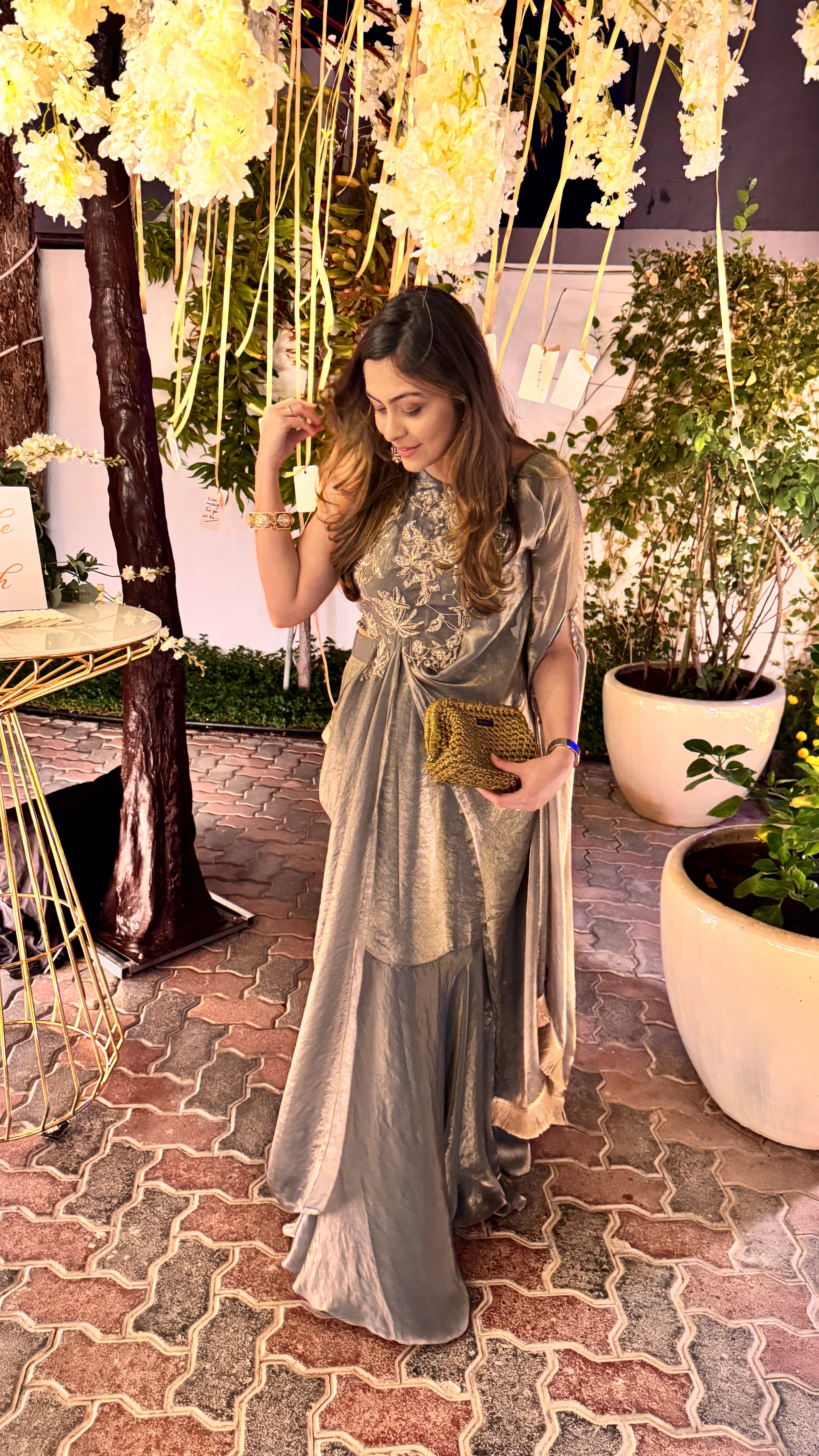 GREY TISSUE PRE- DRAPED SAREE
