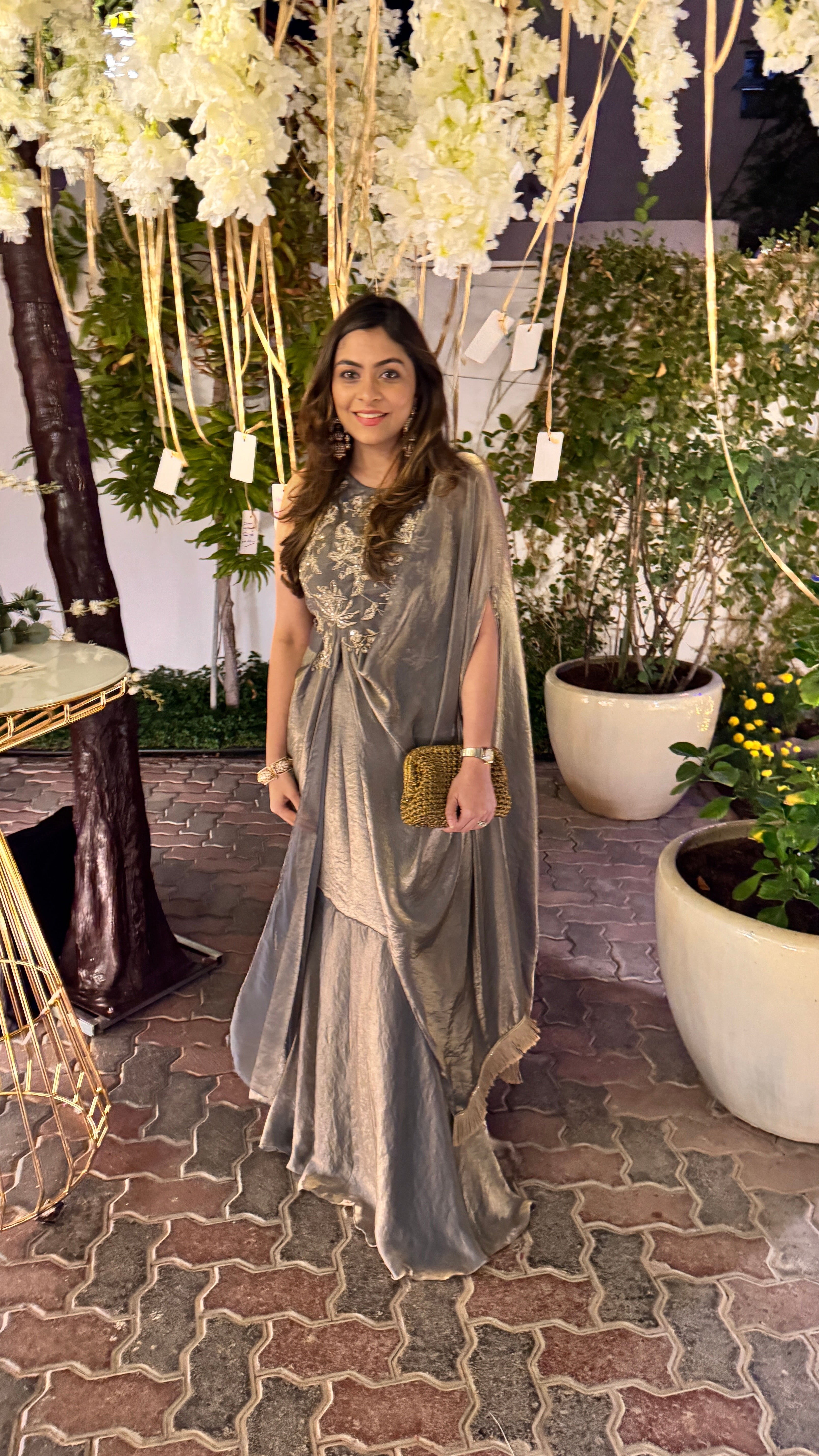 GREY TISSUE PRE- DRAPED SAREE