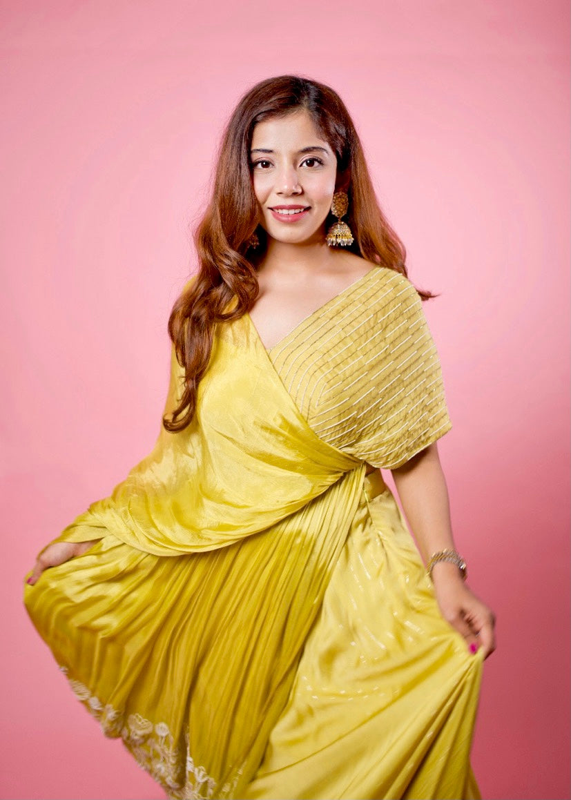 YELLOW WRAP ONE SHOULDER DRAPE LEHENGA