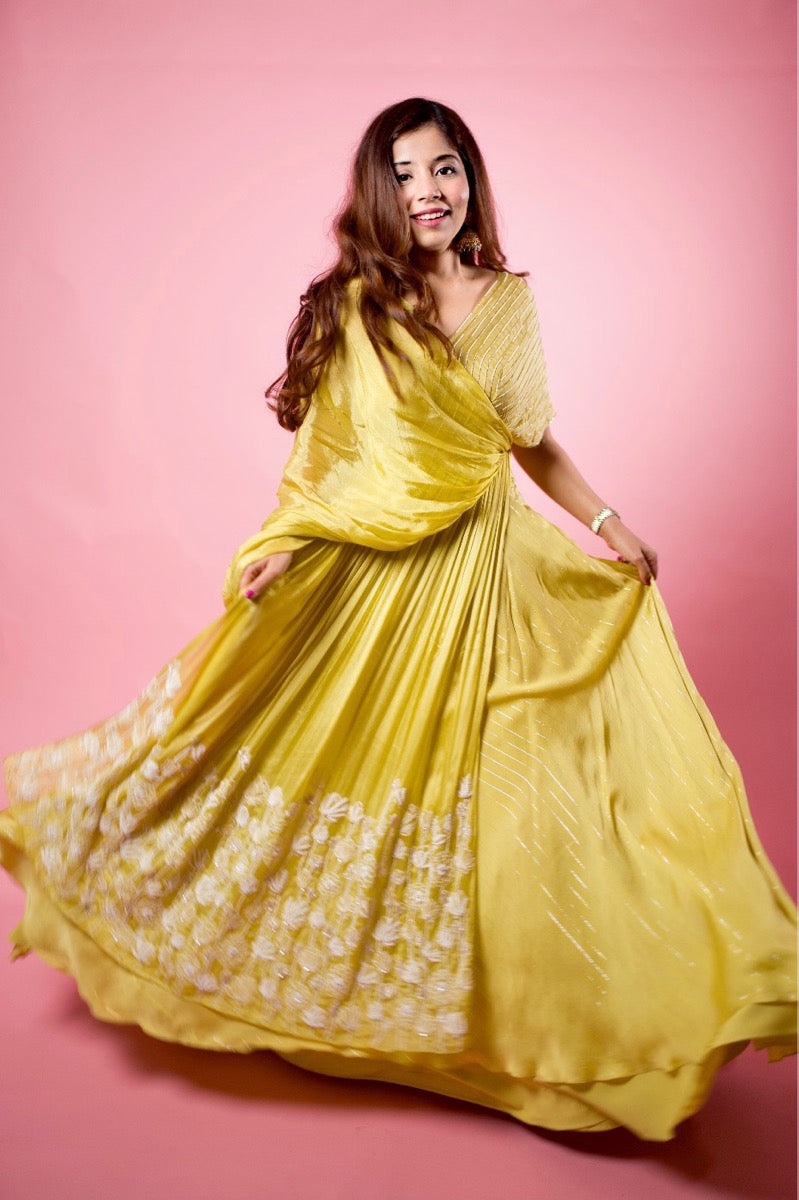 YELLOW WRAP ONE SHOULDER DRAPE LEHENGA