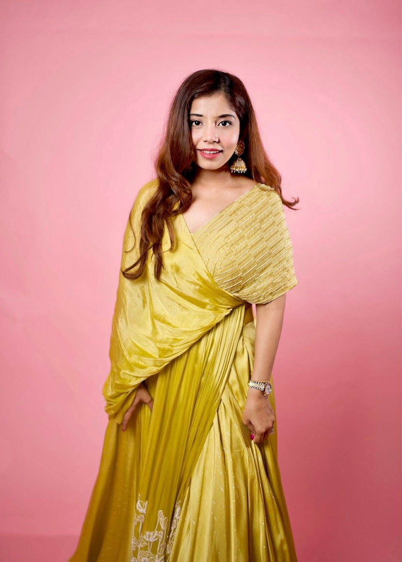 YELLOW WRAP ONE SHOULDER DRAPE LEHENGA