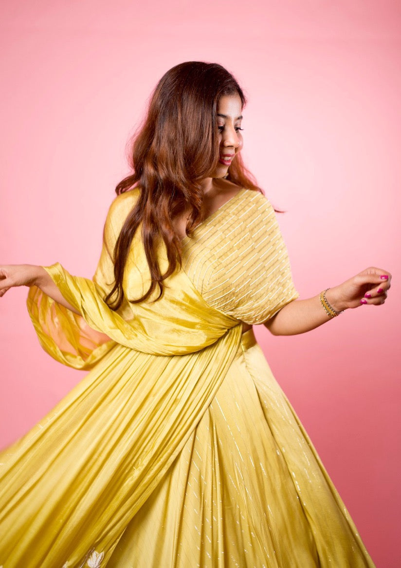 YELLOW WRAP ONE SHOULDER DRAPE LEHENGA