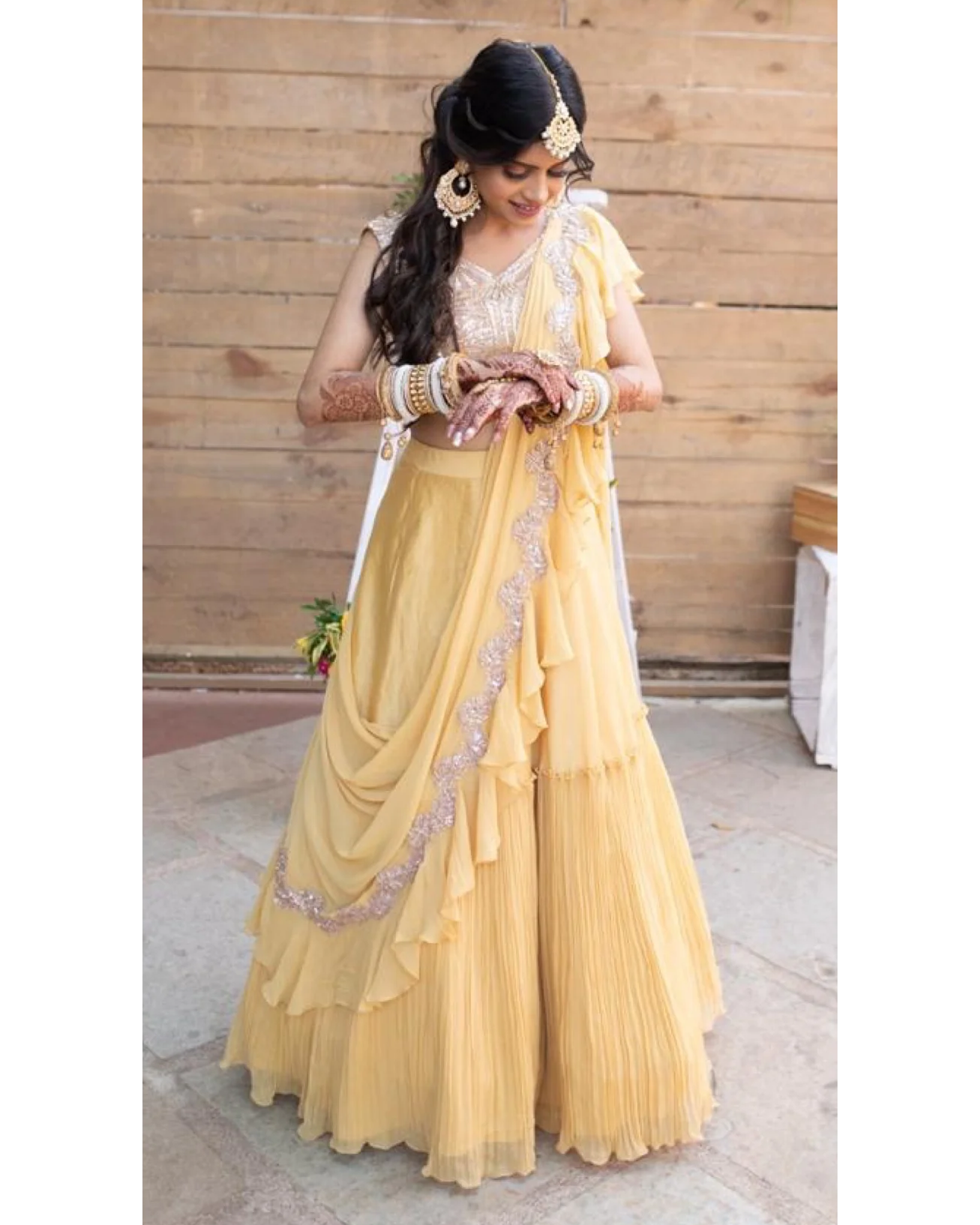YELLOW PRE STITCHED DRAPE DUPATTA AND LEHENGA