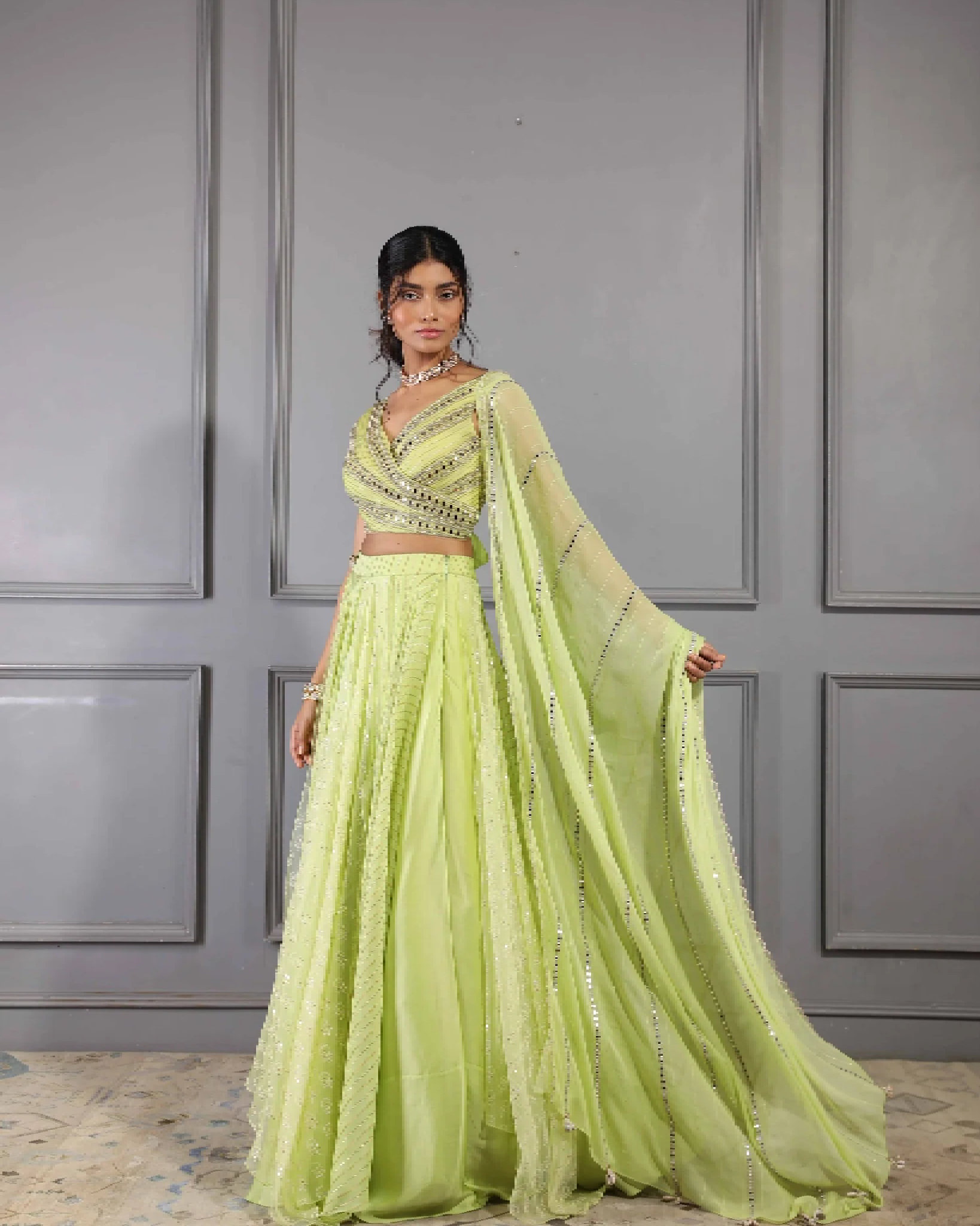 LIME GREEN WRAP BLOUSE LAYERED LEHENGA AND DUPATTA
