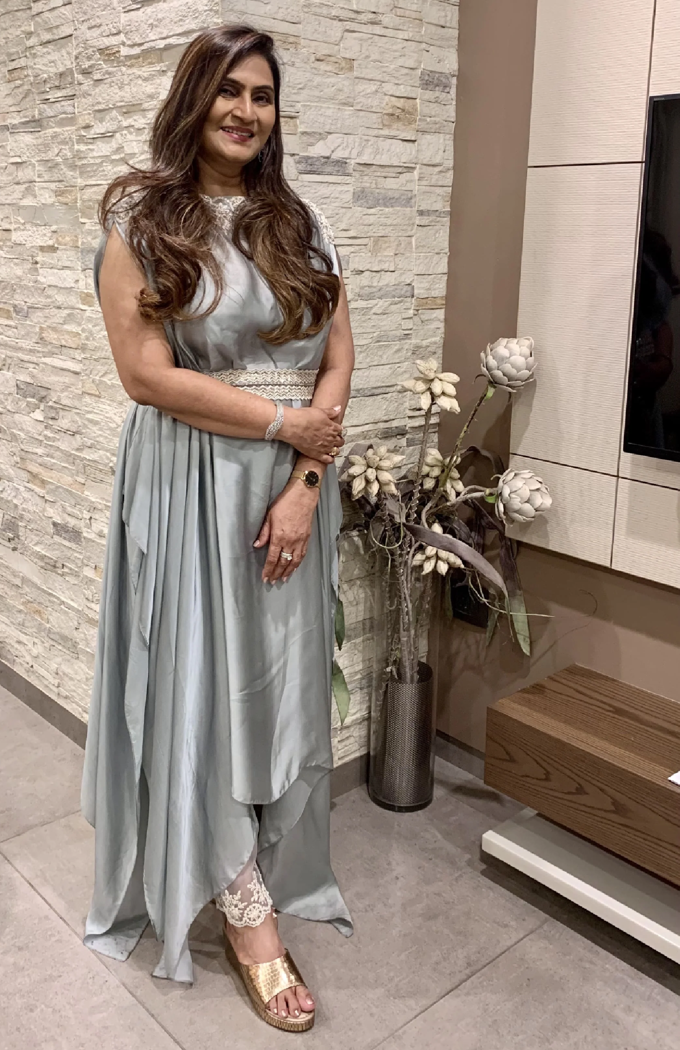 DUSTY BLUE ASSYMETRICAL TUNIC AND CIGARETTE PANTS