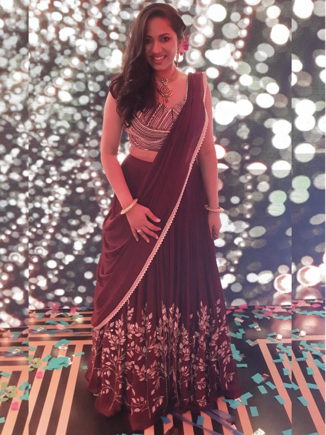 MAROON MOTI BLOUSE WITH LEAF EMBROIDERED LEHENGA AND DUPATTA