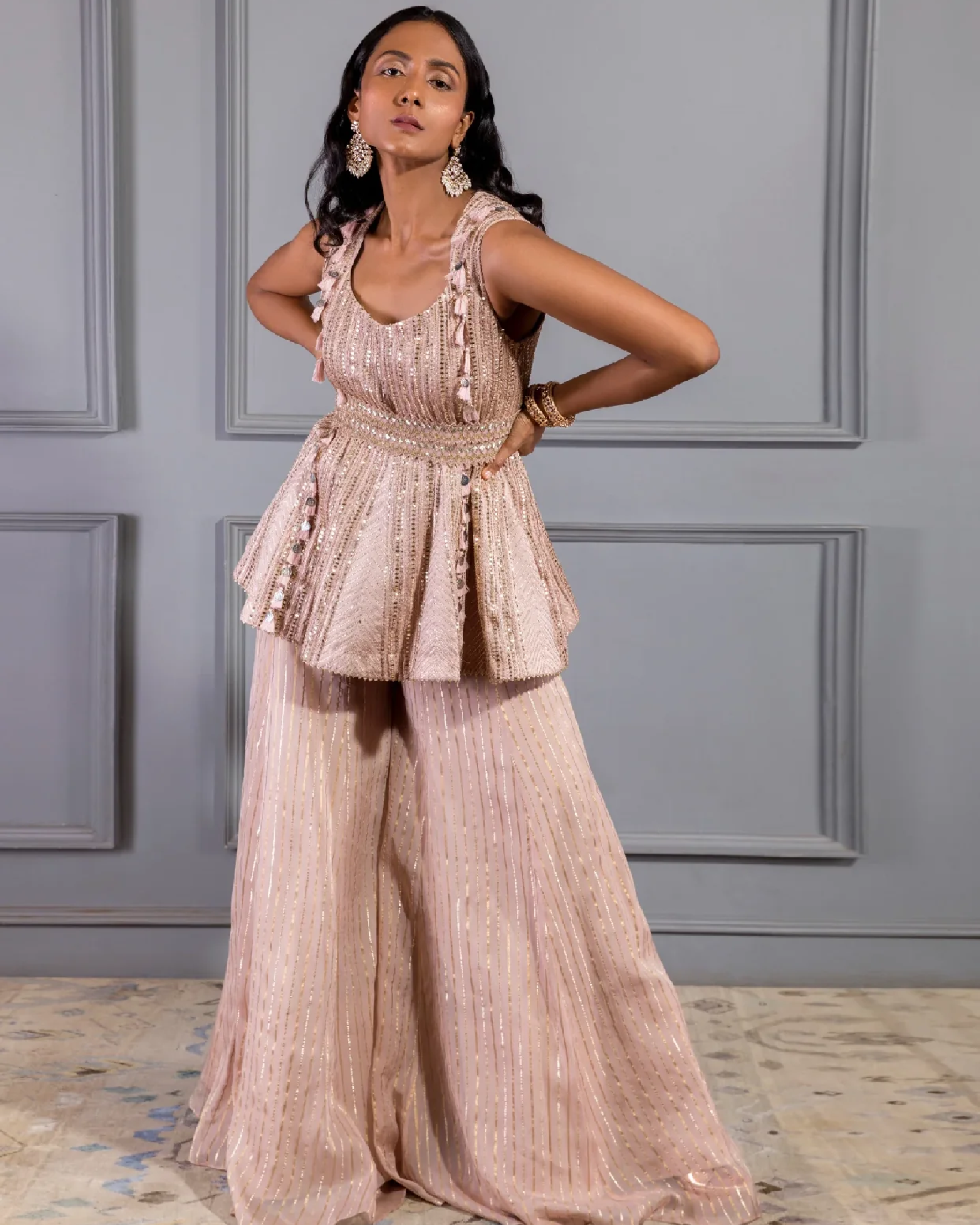 MAUVE PEPLUM AND FLARED SHARARA