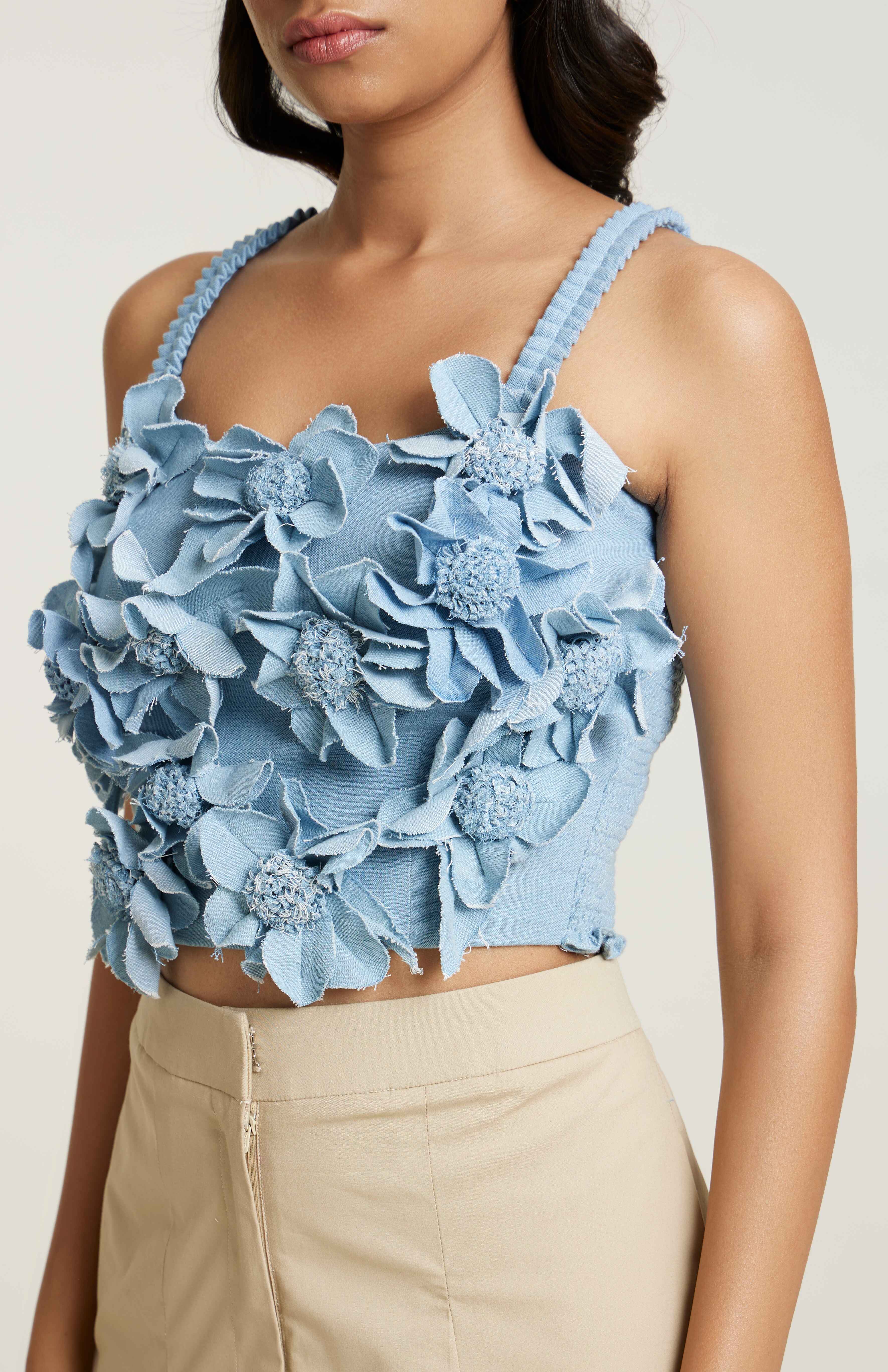 DENIM FLORETTE CROP TOP