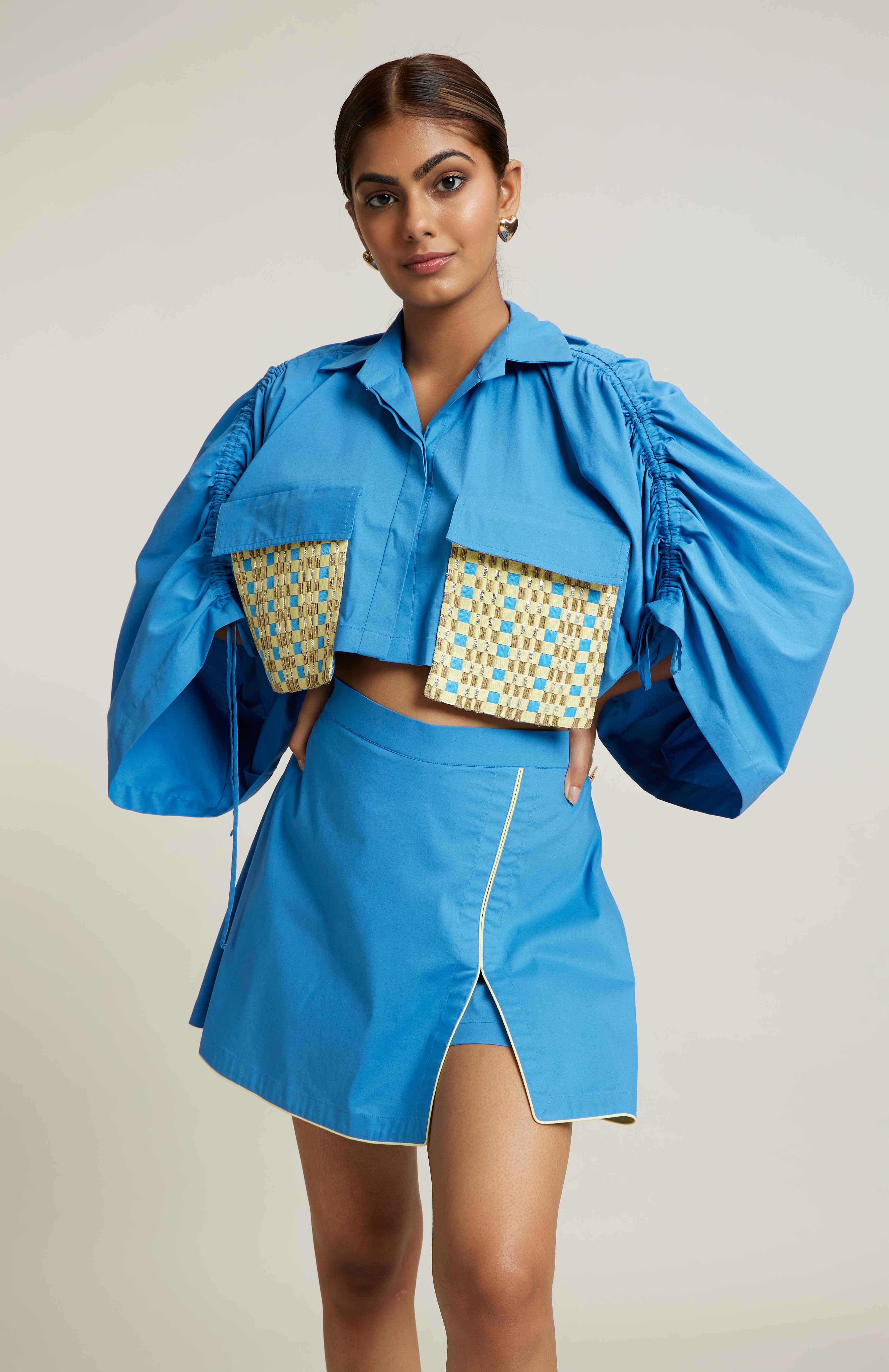 LAGOON BLUE LACY CROP SHIRT