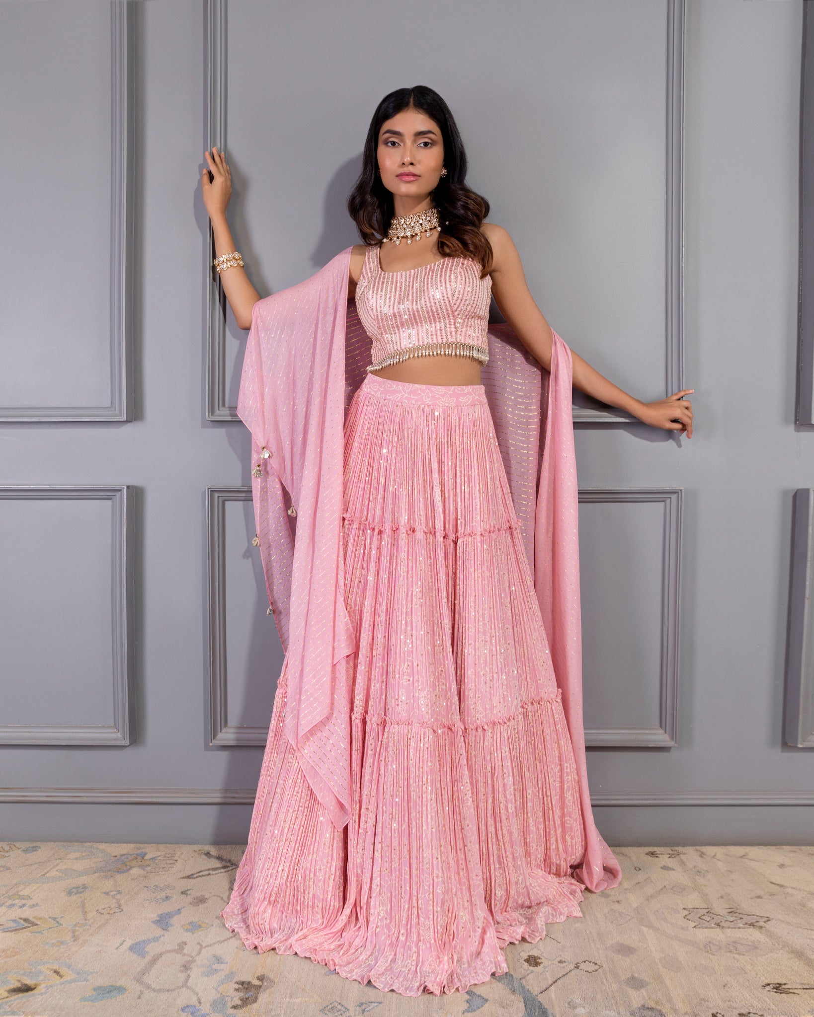 CANDY PINK BLOCK PRINTED 3 TIER LEHENGA