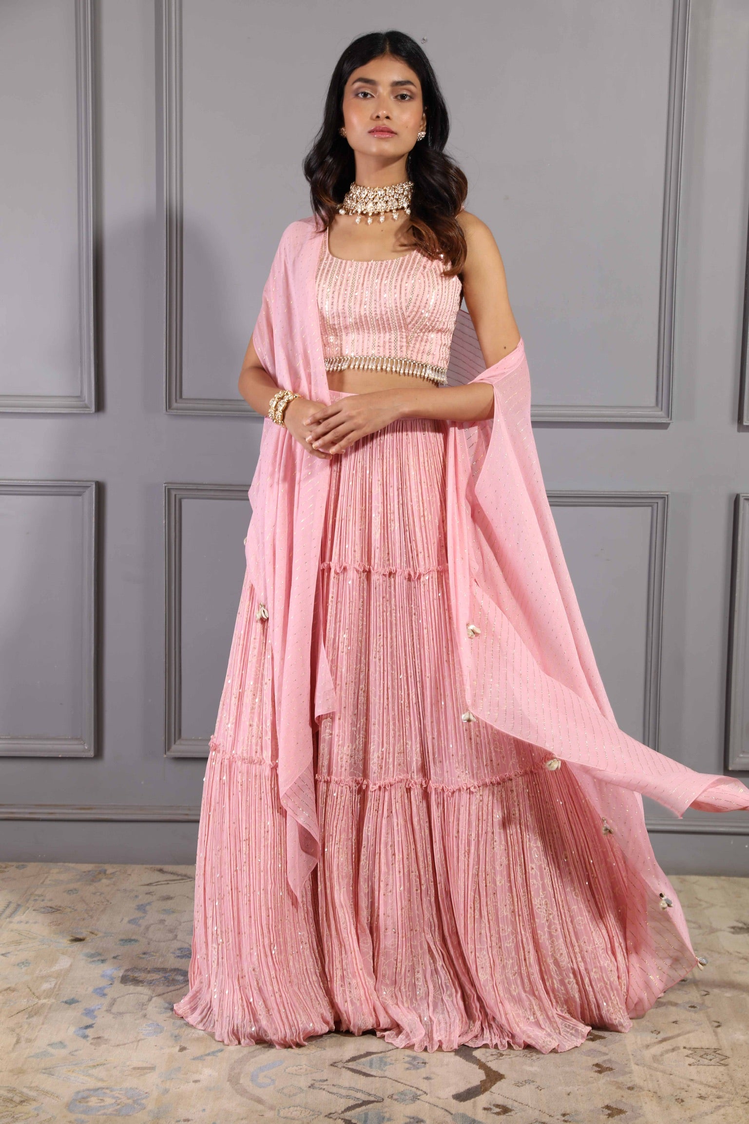 CANDY PINK BLOCK PRINTED 3 TIER LEHENGA