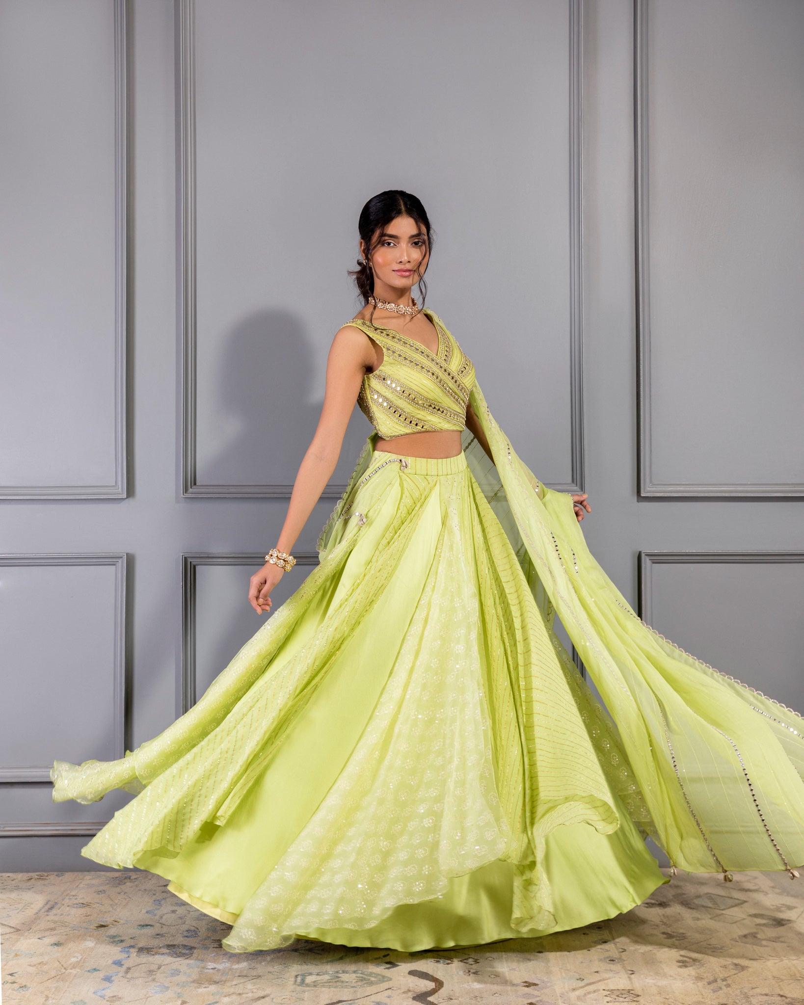 LIME GREEN WRAP BLOUSE LAYERED LEHENGA AND DUPATTA