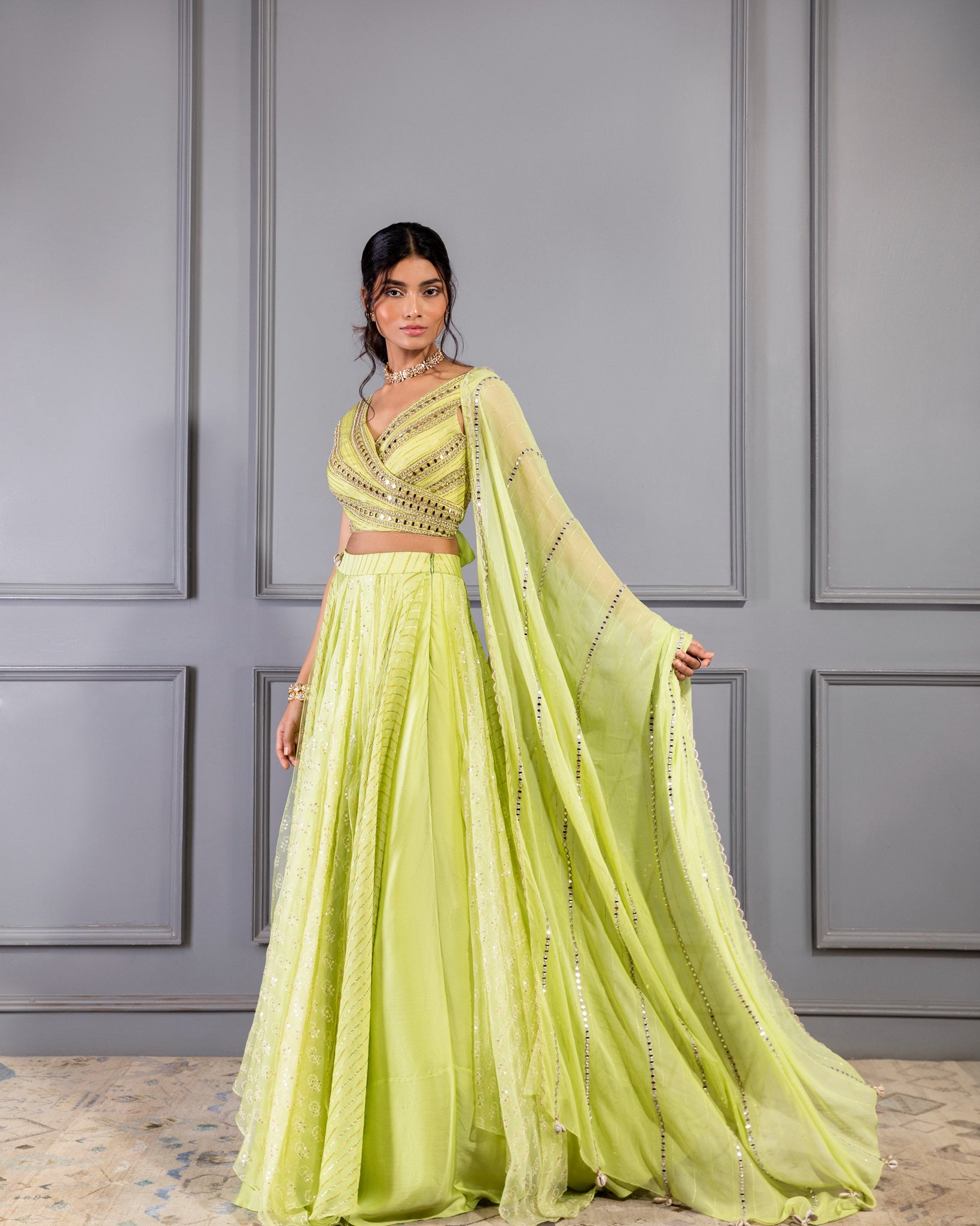LIME GREEN WRAP BLOUSE LAYERED LEHENGA AND DUPATTA