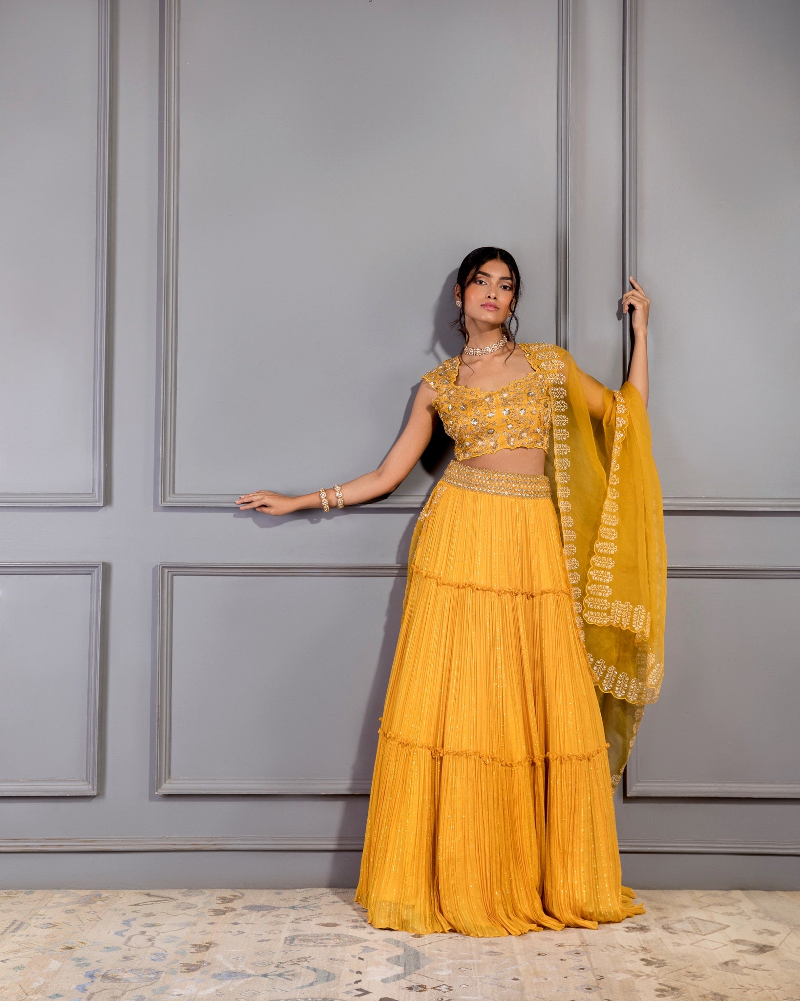 MUSTARD YELLOW 3 TIER LEHENGA SET