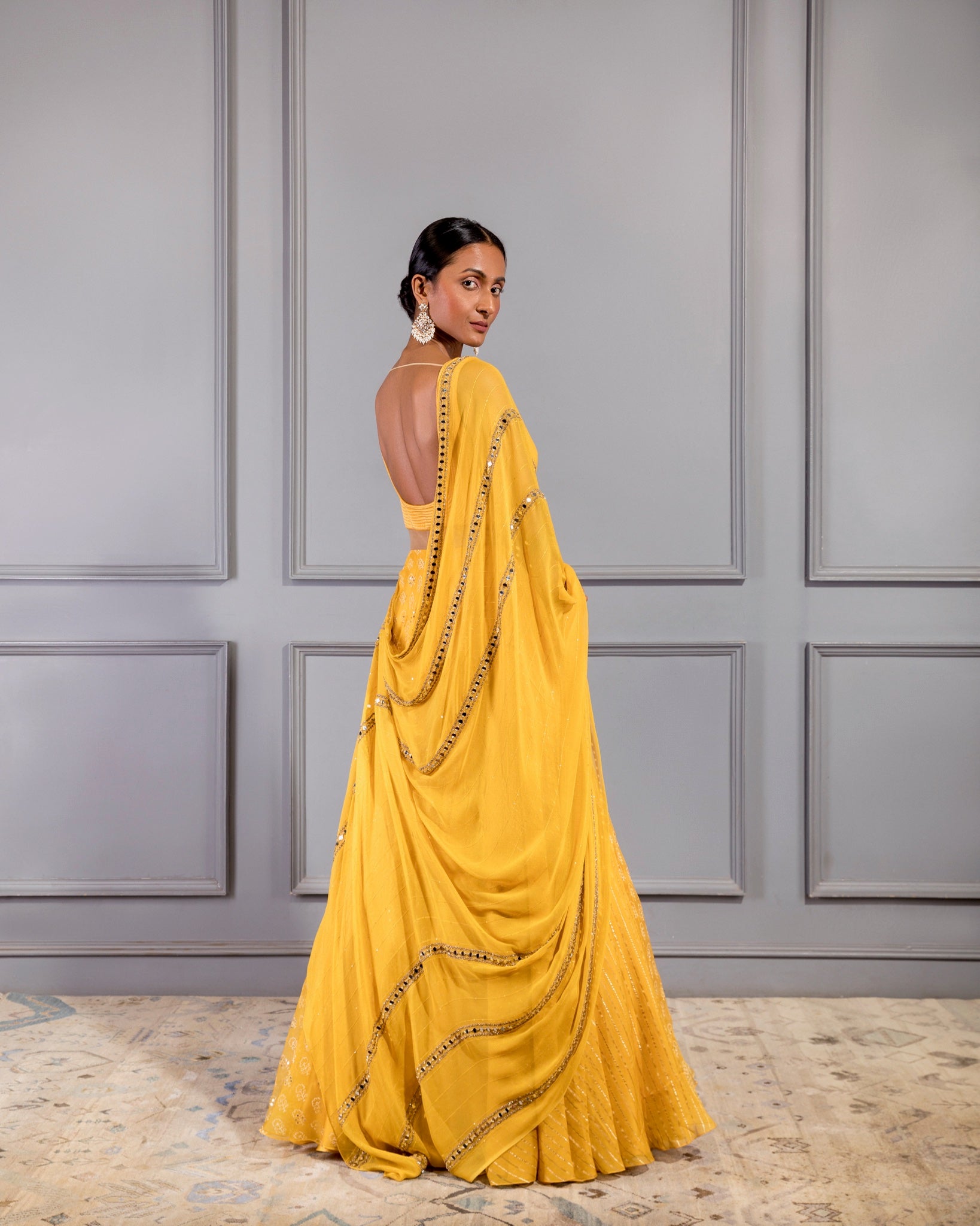 MUSTARD YELLOW PRE DRAPED LEHENGA