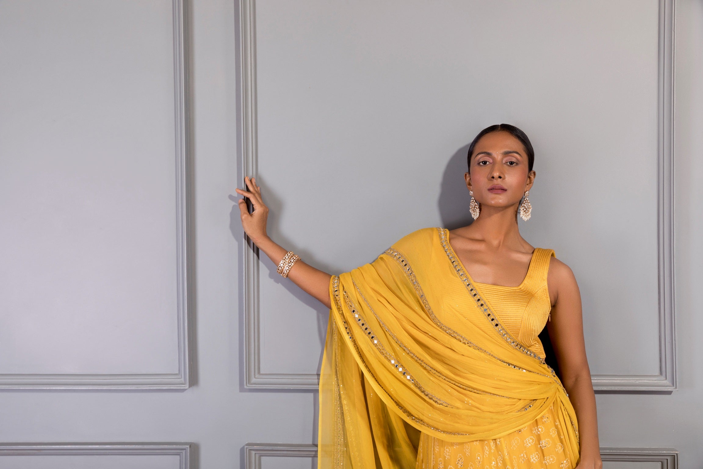 MUSTARD YELLOW PRE DRAPED LEHENGA