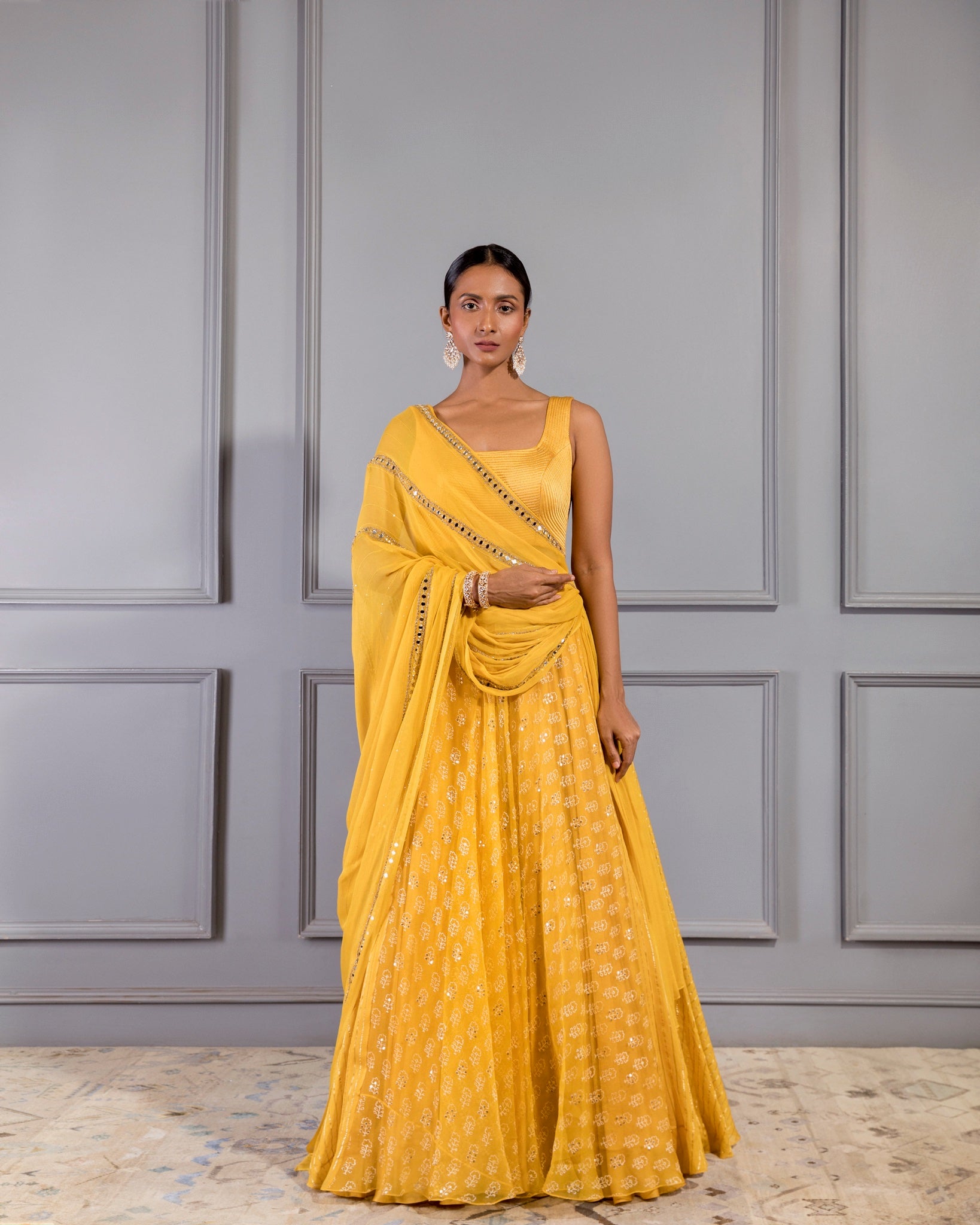 MUSTARD YELLOW PRE DRAPED LEHENGA