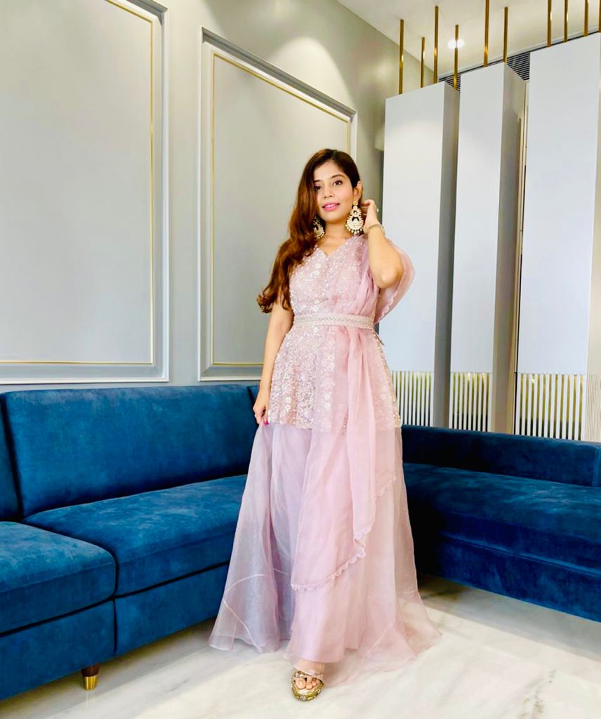 GREYISH PINK PEPLUM WITH PALLAZO, DUPATTA AND BELT