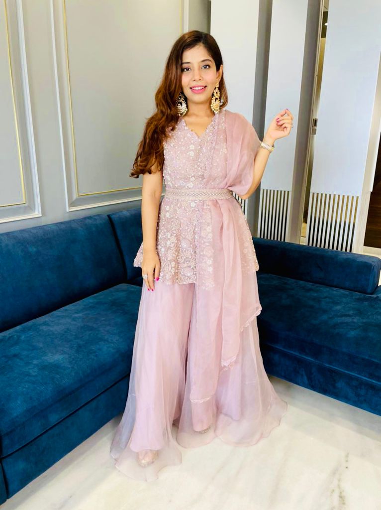 GREYISH PINK PEPLUM WITH PALLAZO, DUPATTA AND BELT