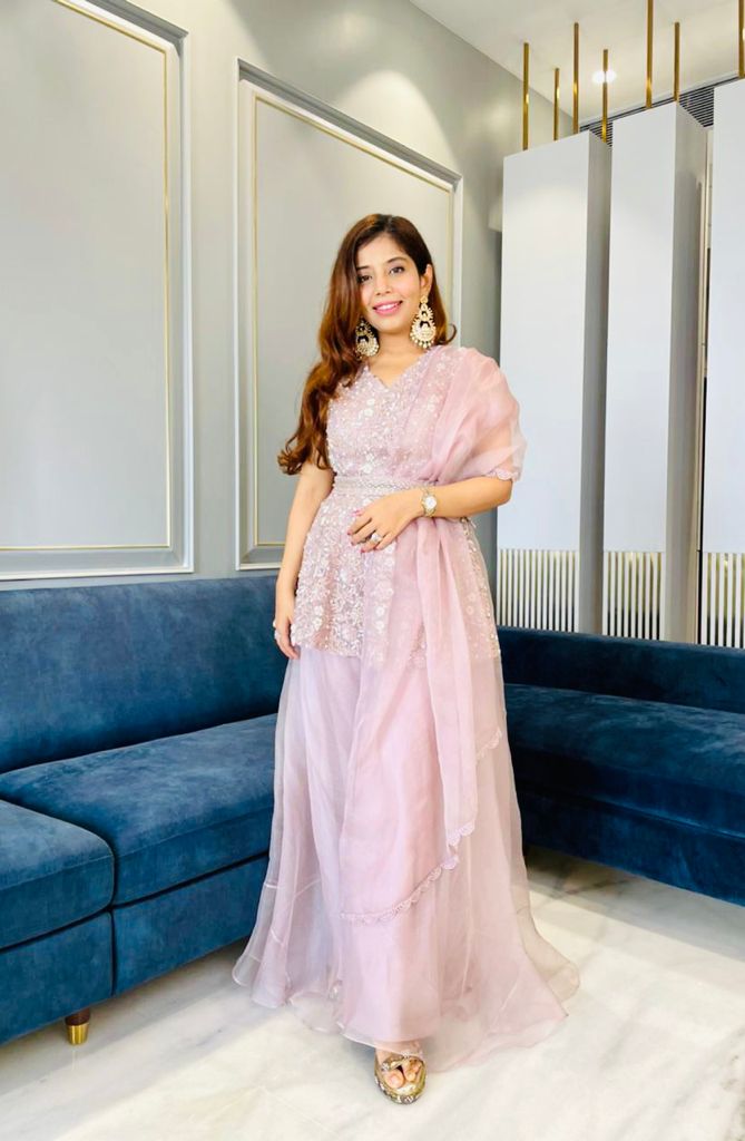 GREYISH PINK PEPLUM WITH PALLAZO, DUPATTA AND BELT