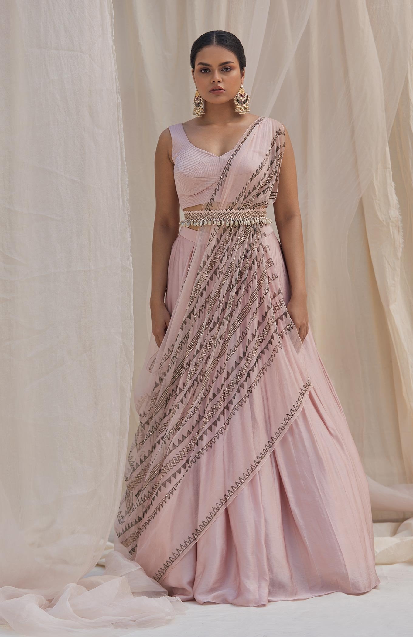 BABY PINK PRE DRAPED LEHENGA