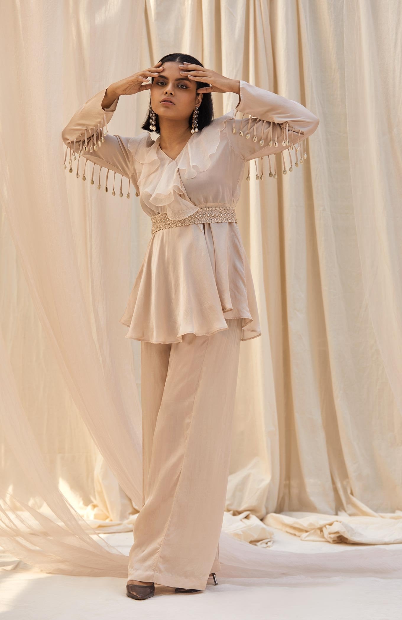 IVORY RUFFLE PEPLUM PANT SET