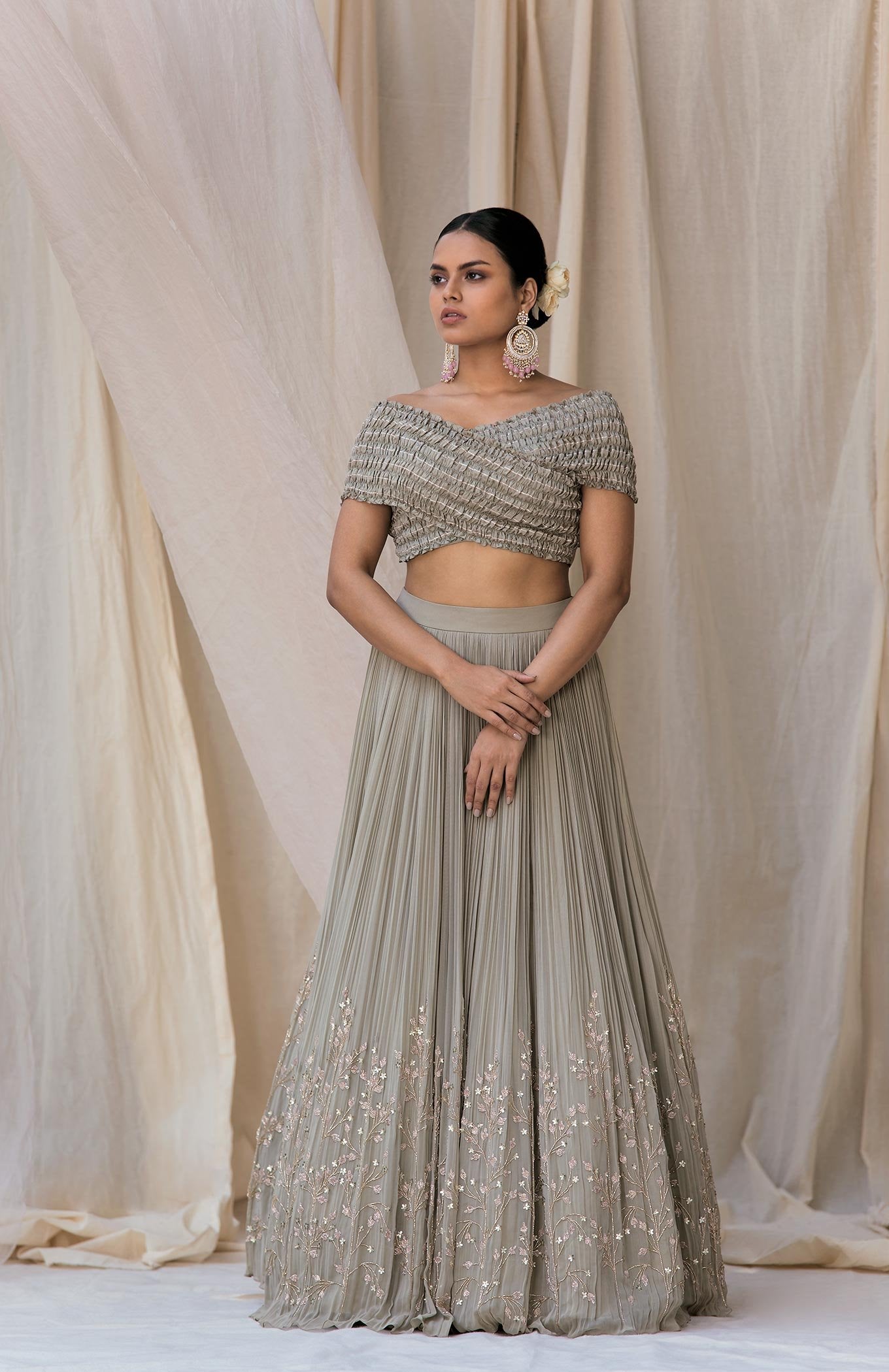 SAGE OFFSHOULDER - RUCHED LEHENGA