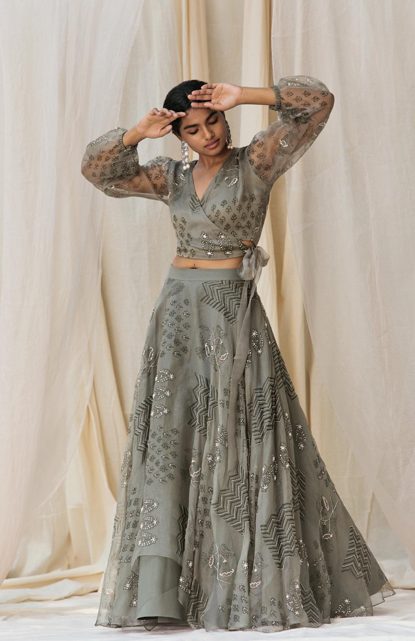 OLIVE WRAP BLOUSE - LEHENGA