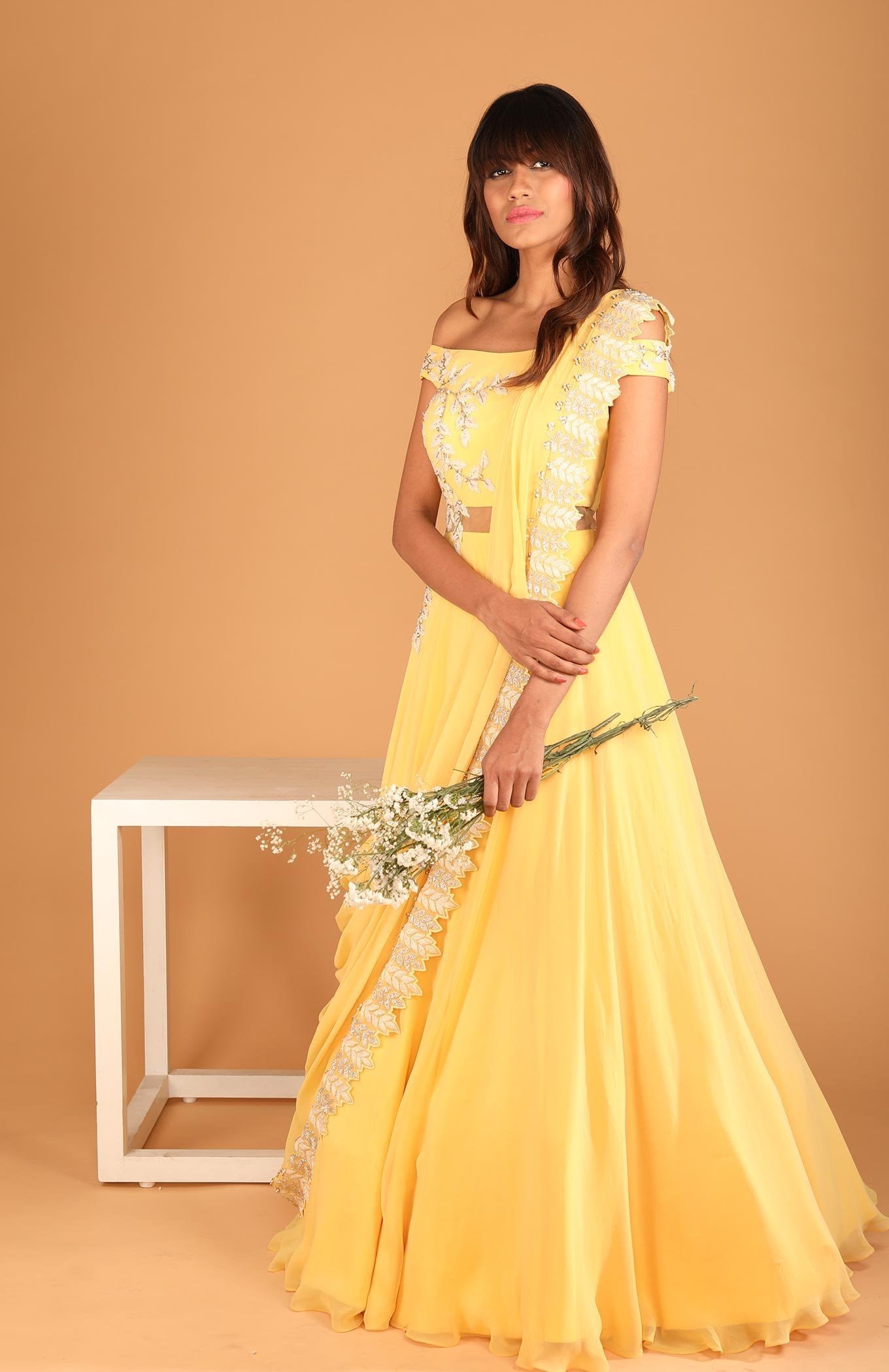 YELLOW PRE DRAPED LEHENGA