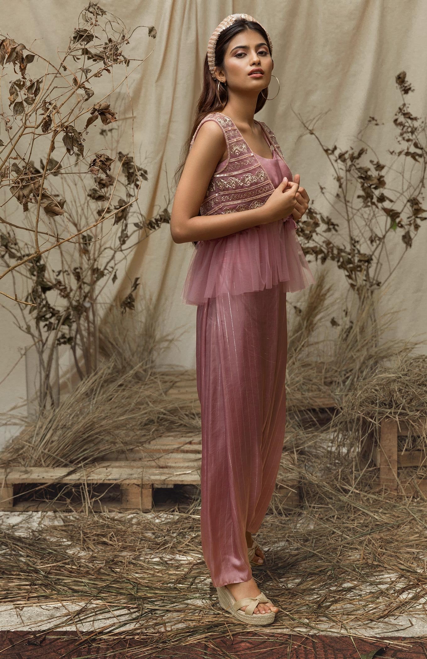 ROSE PINK BUSTIER DHOTI JACKET SET