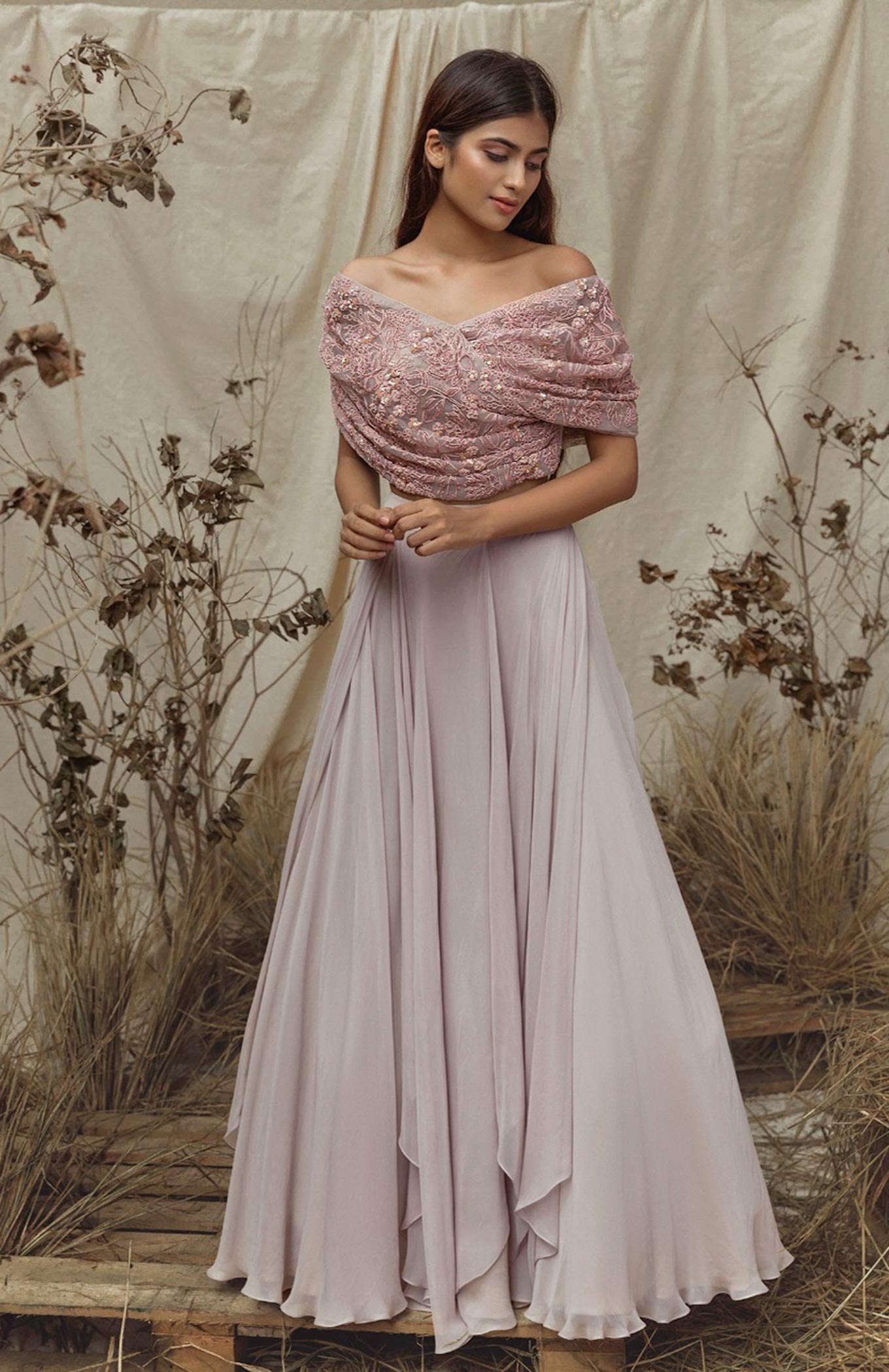LIGHT GREY OFF-SHOULDER BLOUSE - LAYERED LEHENGA