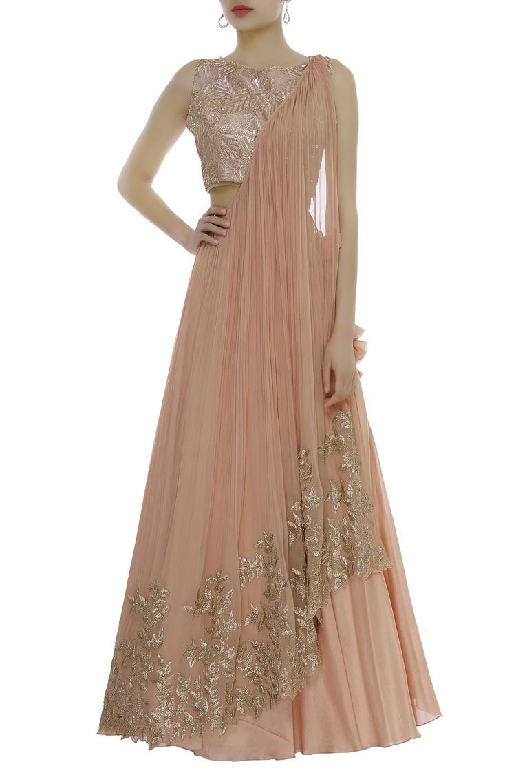 PEACH PRE-DRAPED RUCHED LEHENGA