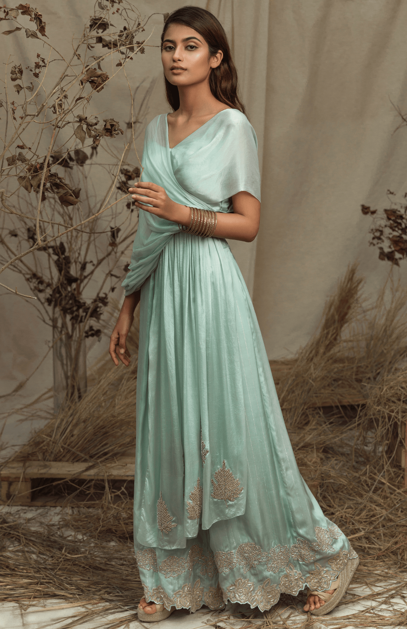 LIGHT BLUE DRAPE BLOUSE PALLAZO SET